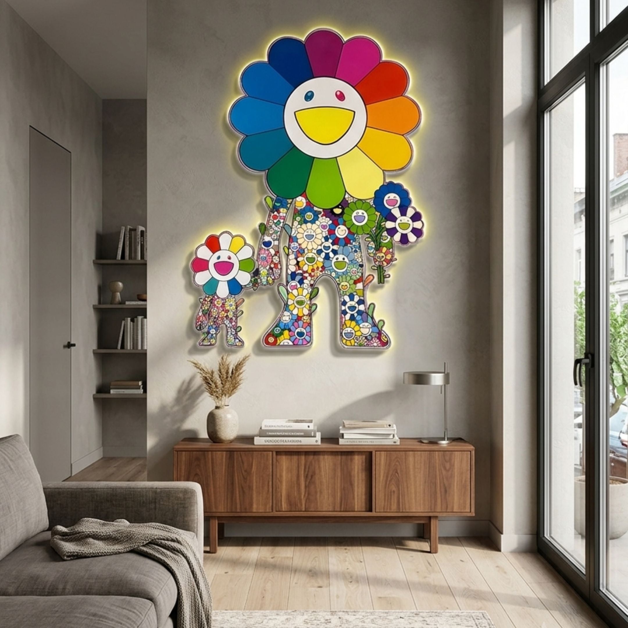 Clovelle Floral Bliss UV Wood Carving LED Wall Art by Giant Sculptures, rainbow smiling flower characters glowing above a walnut sideboard in a modern living room.