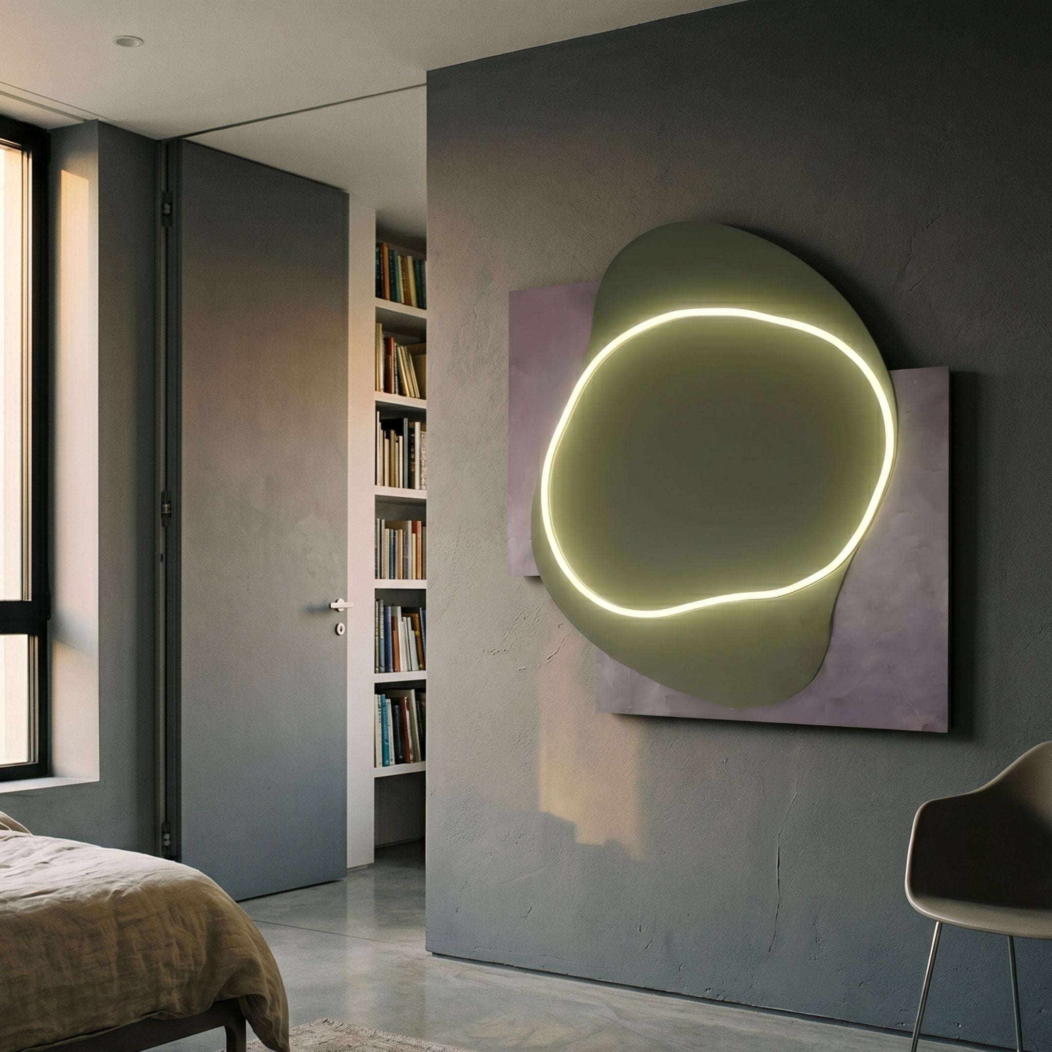Gleam Olive Serenity 3D Leather LED Wall Art by Giant Sculptures, an olive blob with white neon outline on a grey leather backdrop, mounted in a bedroom.