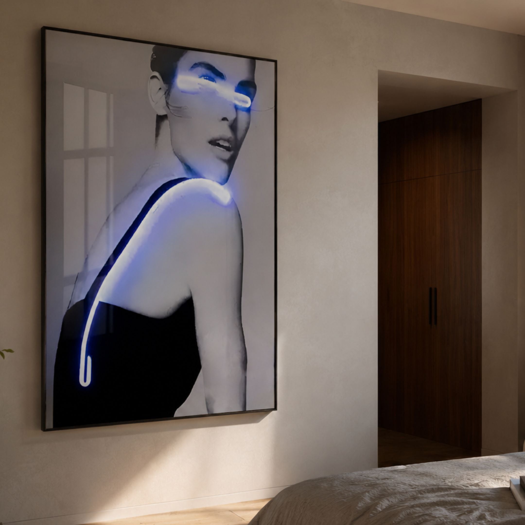 Elysian Luminescent Gaze 3D LED Wall Art by Giant Sculptures, a black-and-white portrait with blue neon tracing the eyes, shoulder, and back, displayed in a bedroom.