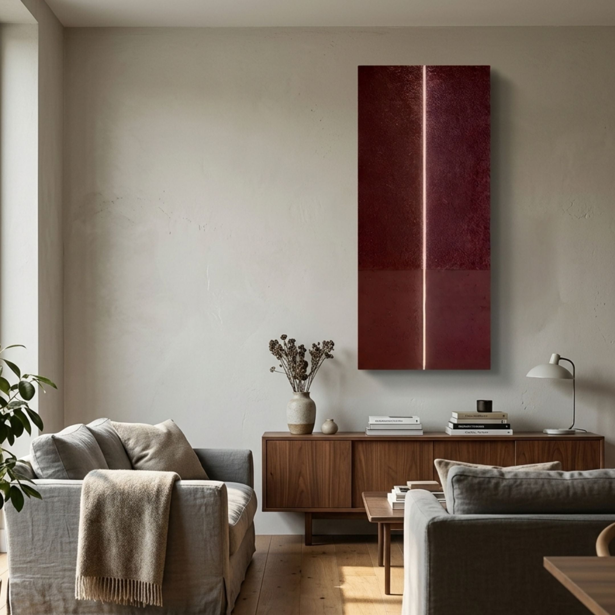Eternia Crimson Textured Oil Painting LED Wall Art by Giant Sculptures, a tall maroon panel with central LED line, displayed above a walnut sideboard in a neutral living room.