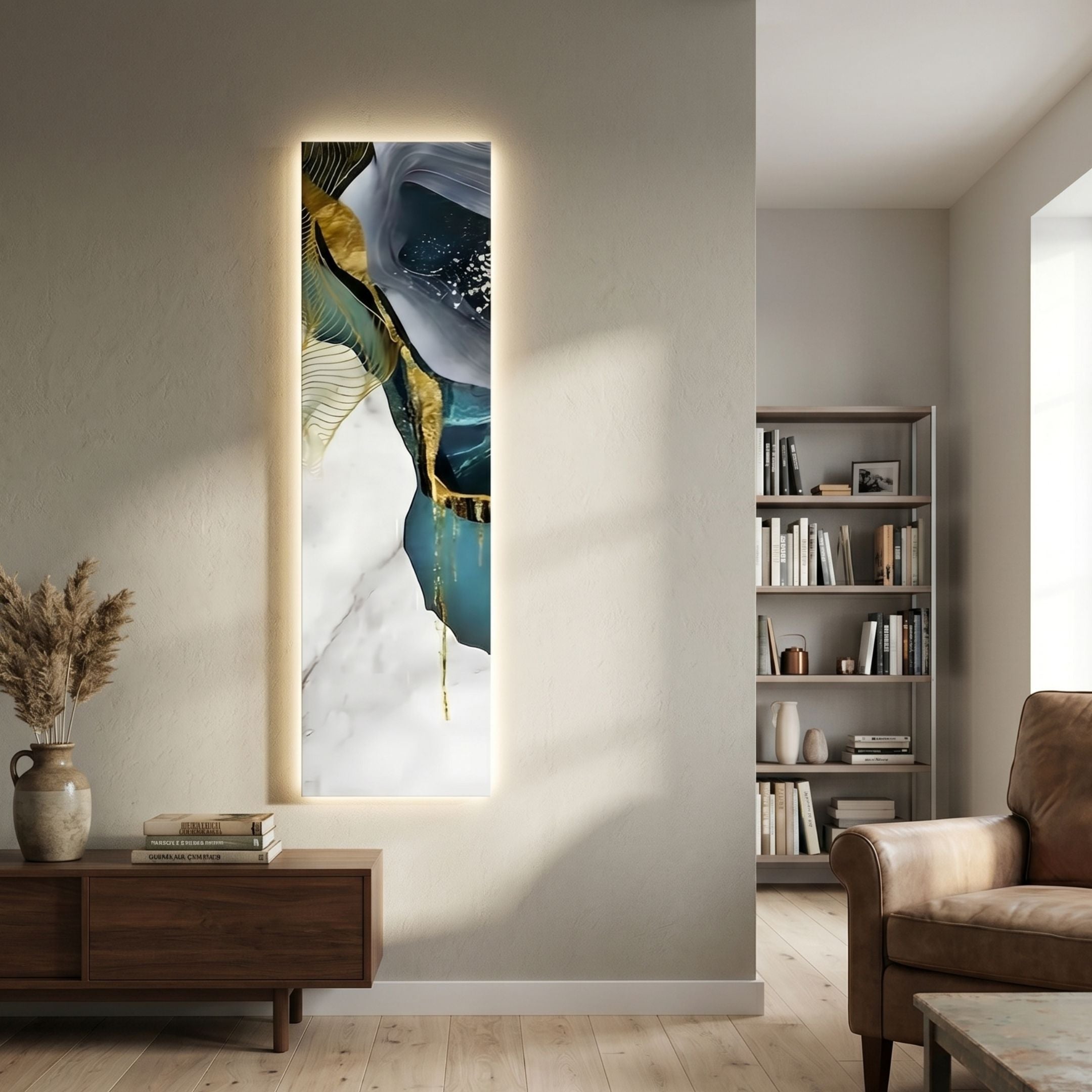 Floren Oceanic Drift Canvas LED Wall Art by Giant Sculptures with teal, gold, and white abstract flow, backlit on a living room wall above a wooden console.