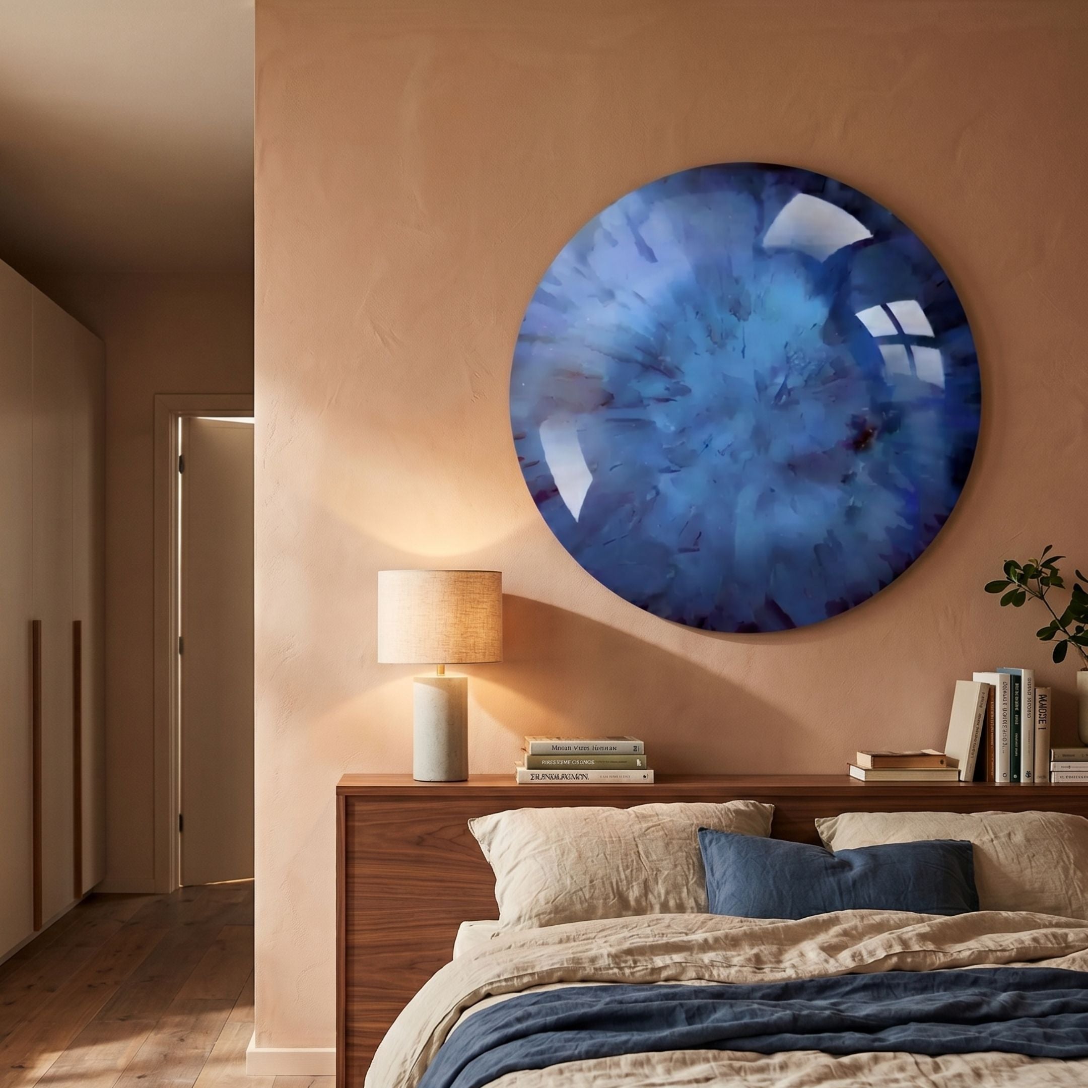 Genesis Ocean 3D Resin Crystal Porcelain LED Wall Art by Giant Sculptures, round blue and white cloud design displayed above a walnut headboard in a warm bedroom.