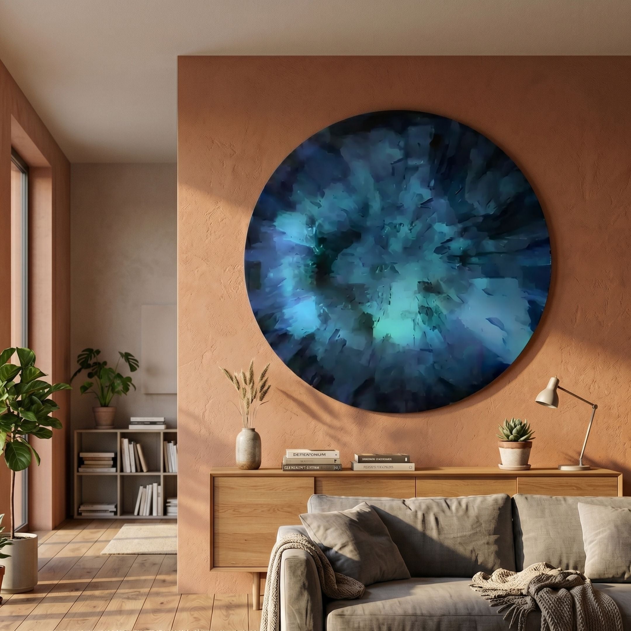Genesis Twilight 3D Resin Crystal Porcelain LED Wall Art by Giant Sculptures, a large blue-green swirling disc mounted on a terracotta wall above a wooden sideboard.