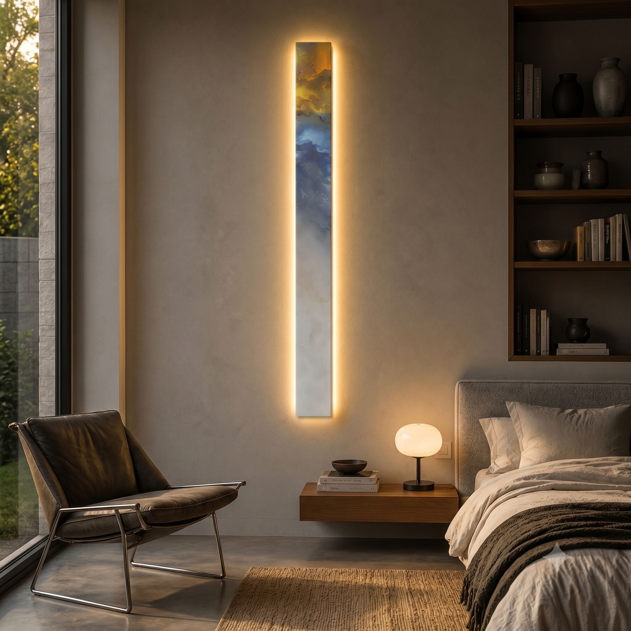 Chroma Amber Textured Layers LED Wall Art Canvas by Giant Sculptures, a tall vertical piece with amber, blue, and white cloud textures glowing on a bedroom wall beside a leather chair and bed.