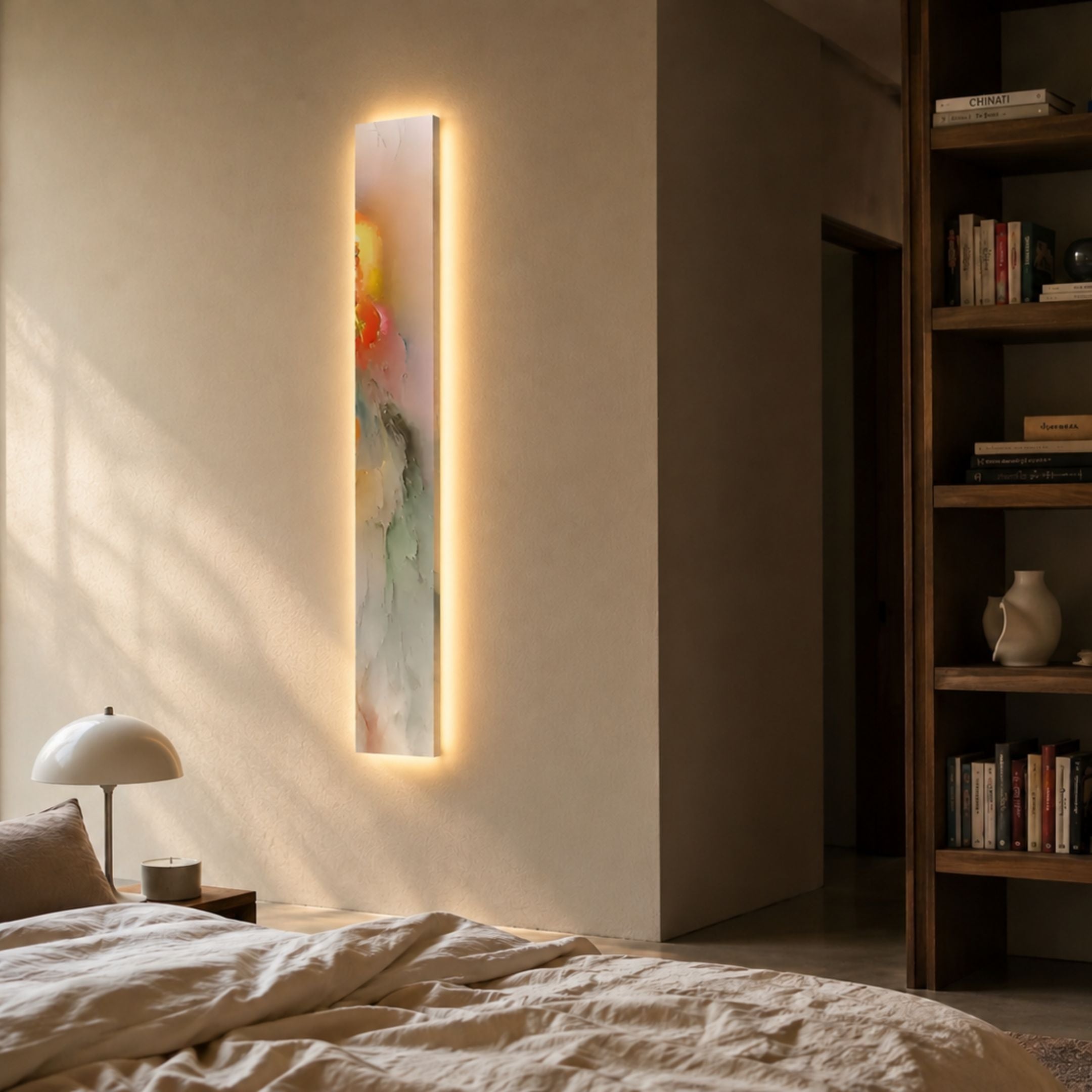 Chroma Mist Fog Details LED Wall Art Canvas by Giant Sculptures, a tall vertical abstract in green, orange, and yellow tones glowing above a bedside lamp.