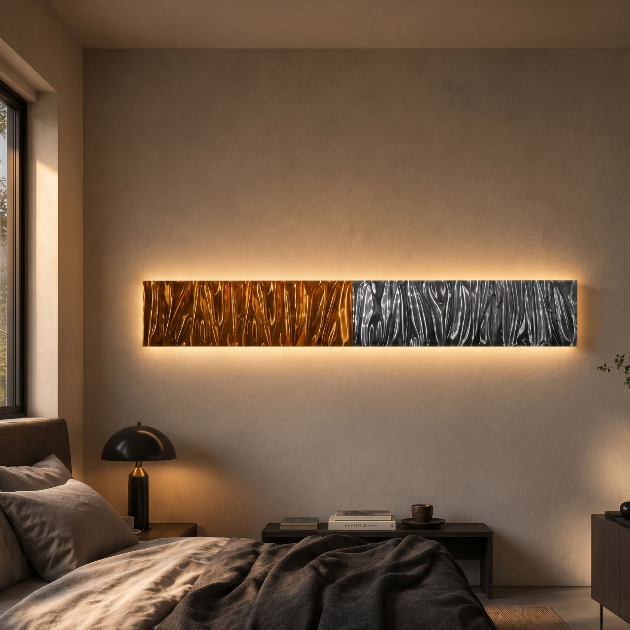 Textura 3D Amber And Silver Leather Design Wall Art mounted above a bedside table in a warm bedroom, with backlighting highlighting its wavy two-tone surface.