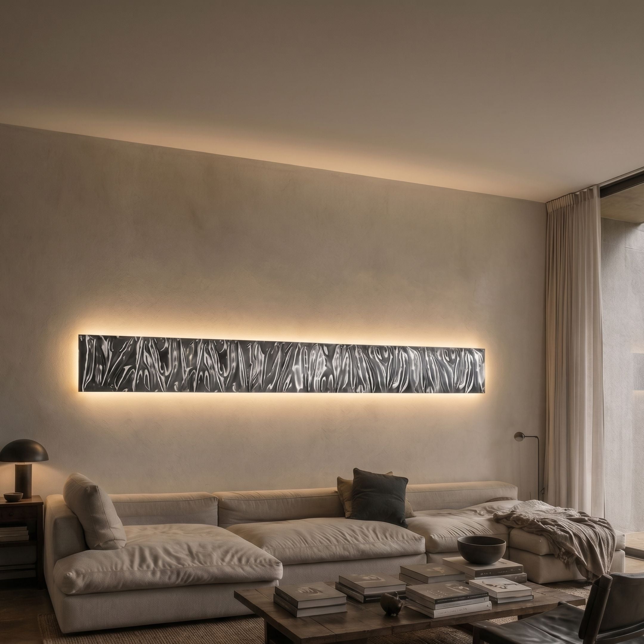 Textura 3D Silver Leather Design Wall Art by Giant Sculptures, a long horizontal rippled silver-grey panel backlit on a beige wall above a cream sectional sofa.