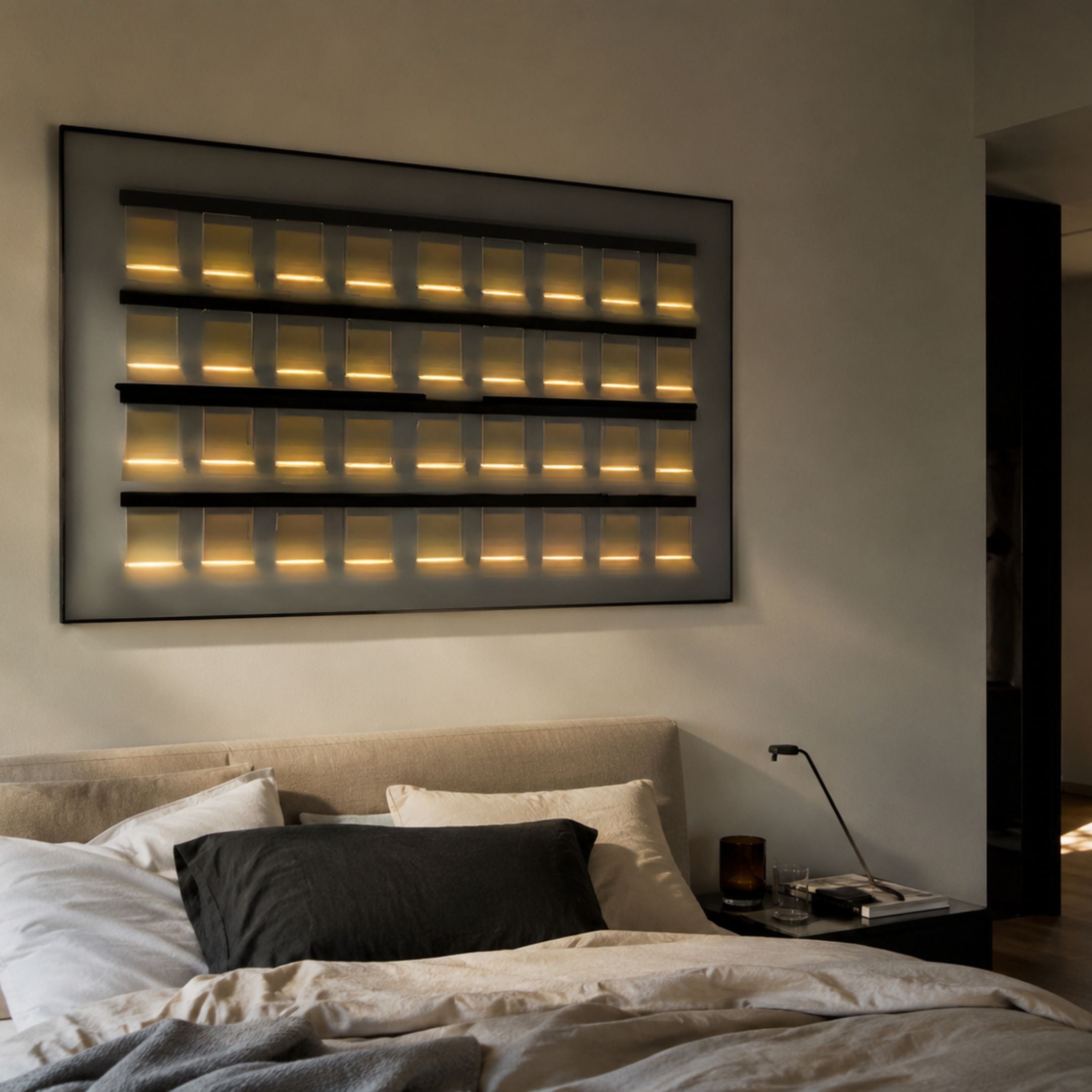Zenith Black 3D Framed Horizontal Acrylic LED Layered Wall Art by Giant Sculptures glowing amber above an upholstered bed with linen bedding and bedside lamp.