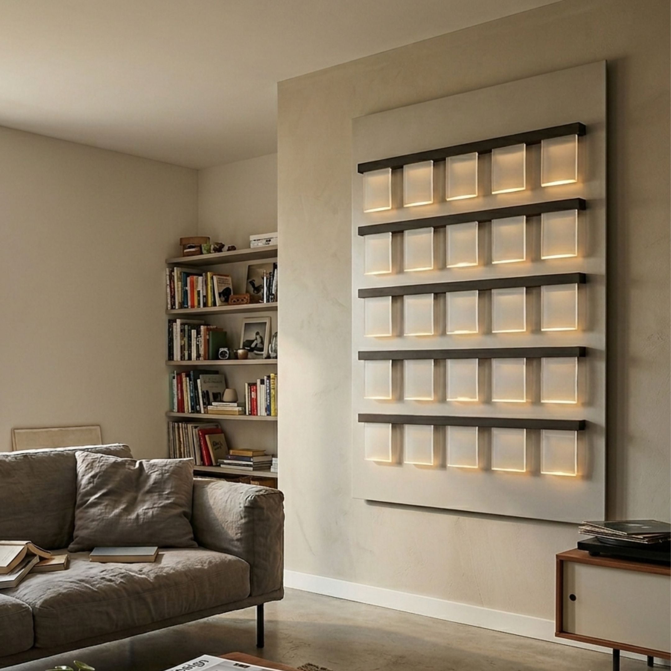 Zenith White 3D Framed Acrylic LED Layered Illumination Wall Art by Giant Sculptures glowing warm yellow in a living room beside a grey sofa and bookshelf.