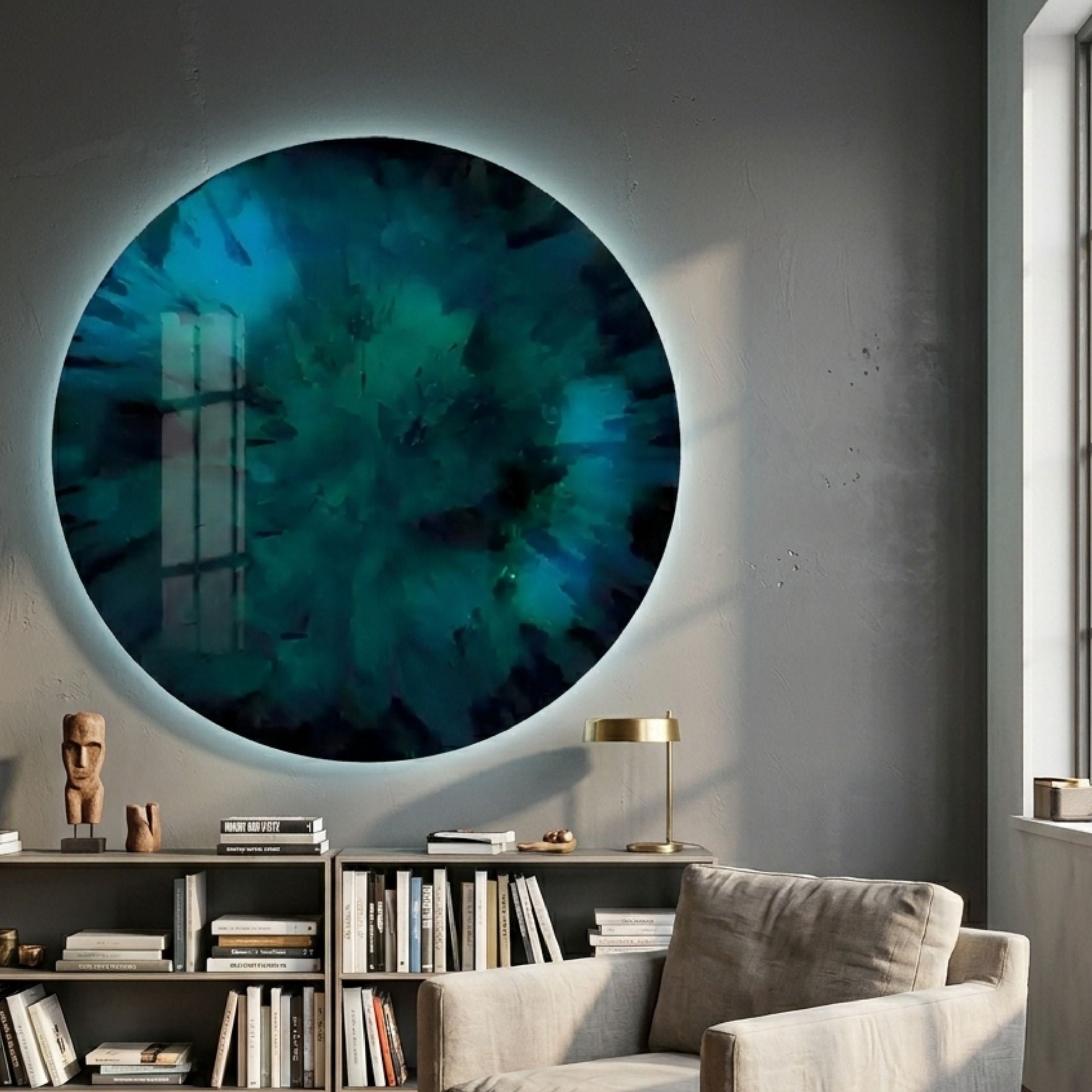 Lumea Textured Turquoise 3D LED Crystal Porcelain Wall Art by Giant Sculptures, circular teal-blue burst design backlit above a bookshelf in a living room.