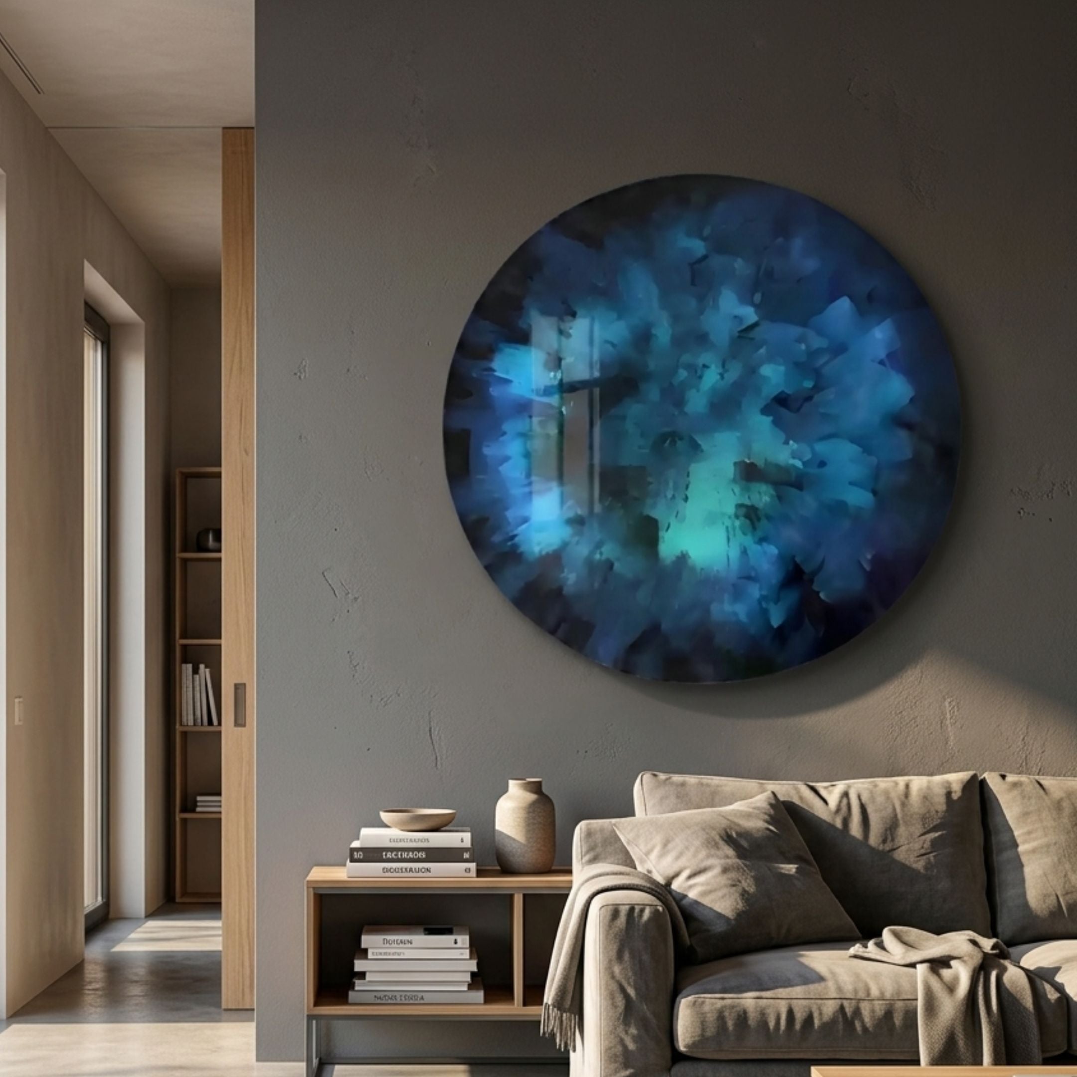 Lumea Textured Deep Blue 3D LED Crystal Porcelain Wall Art by Giant Sculptures mounted on a grey wall above a console and beige sofa in a modern living room.