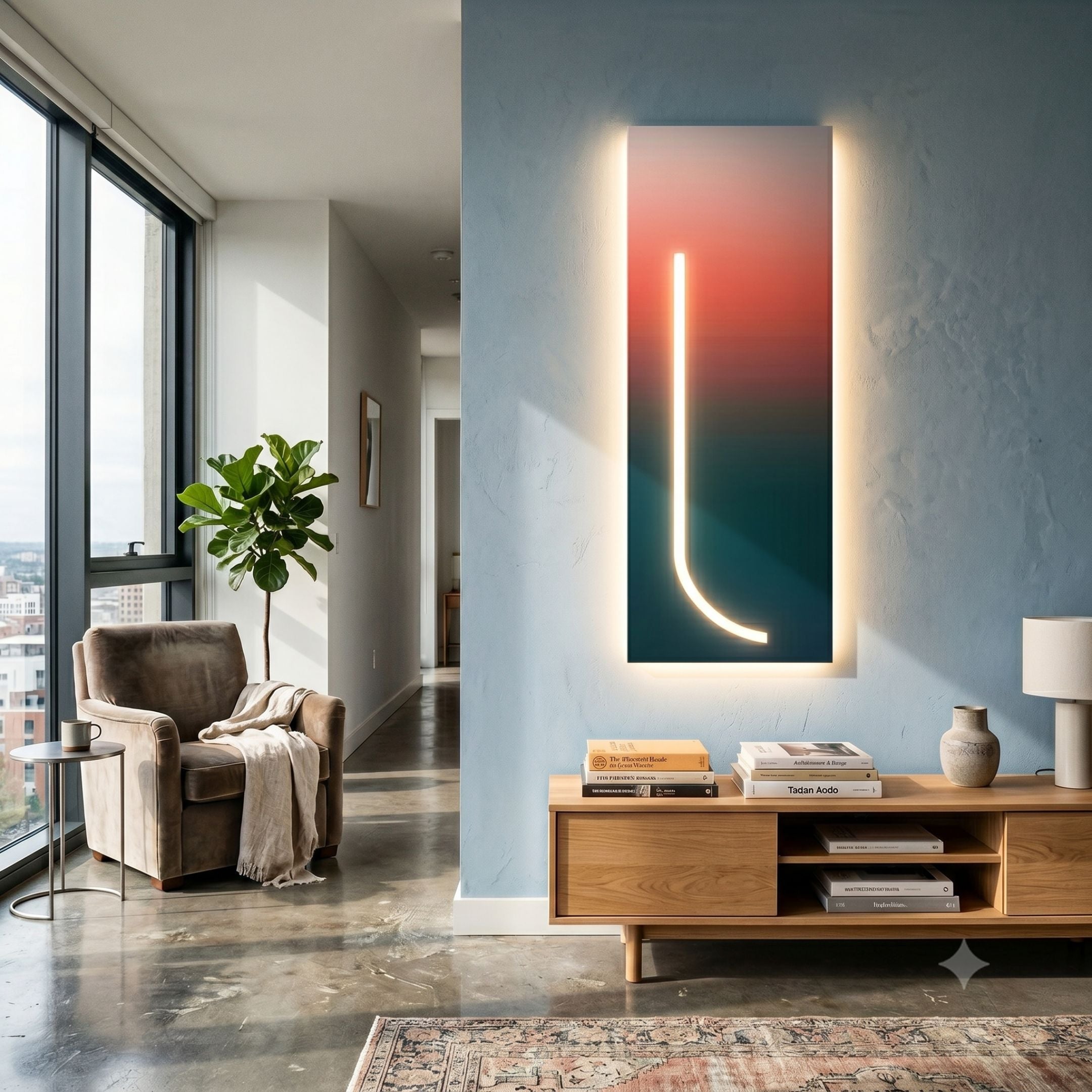 Arcolume II Geometric Abstraction Gradient LED Wall Art by Giant Sculptures, with a crimson-to-forest gradient and curved white line, mounted on a blue living room wall.