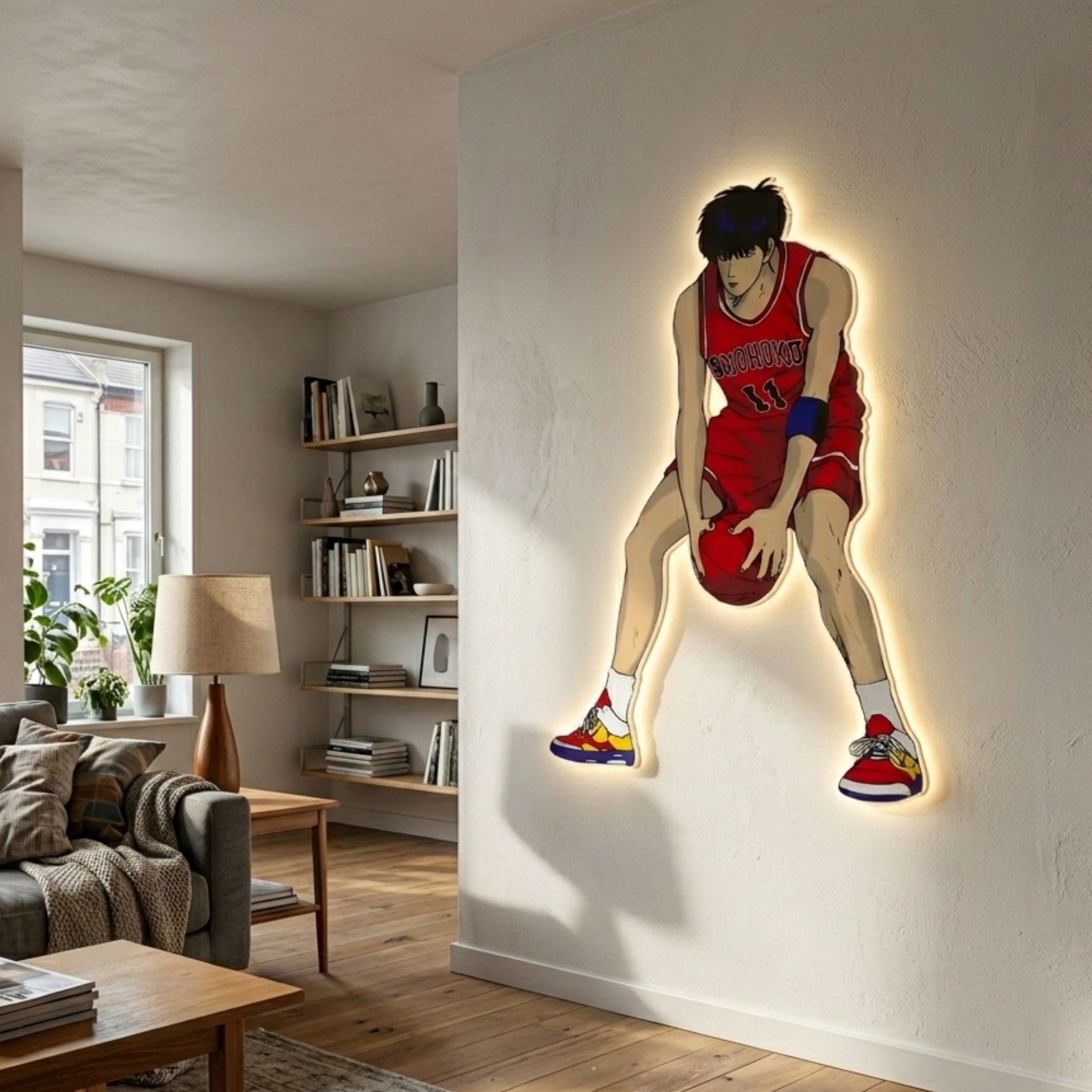 Enlustra IV Game On UV Wood LED Wall Art by Giant Sculptures showing an anime basketball player in a red Shohoku #11 jersey mid-dribble, backlit on a living room wall.