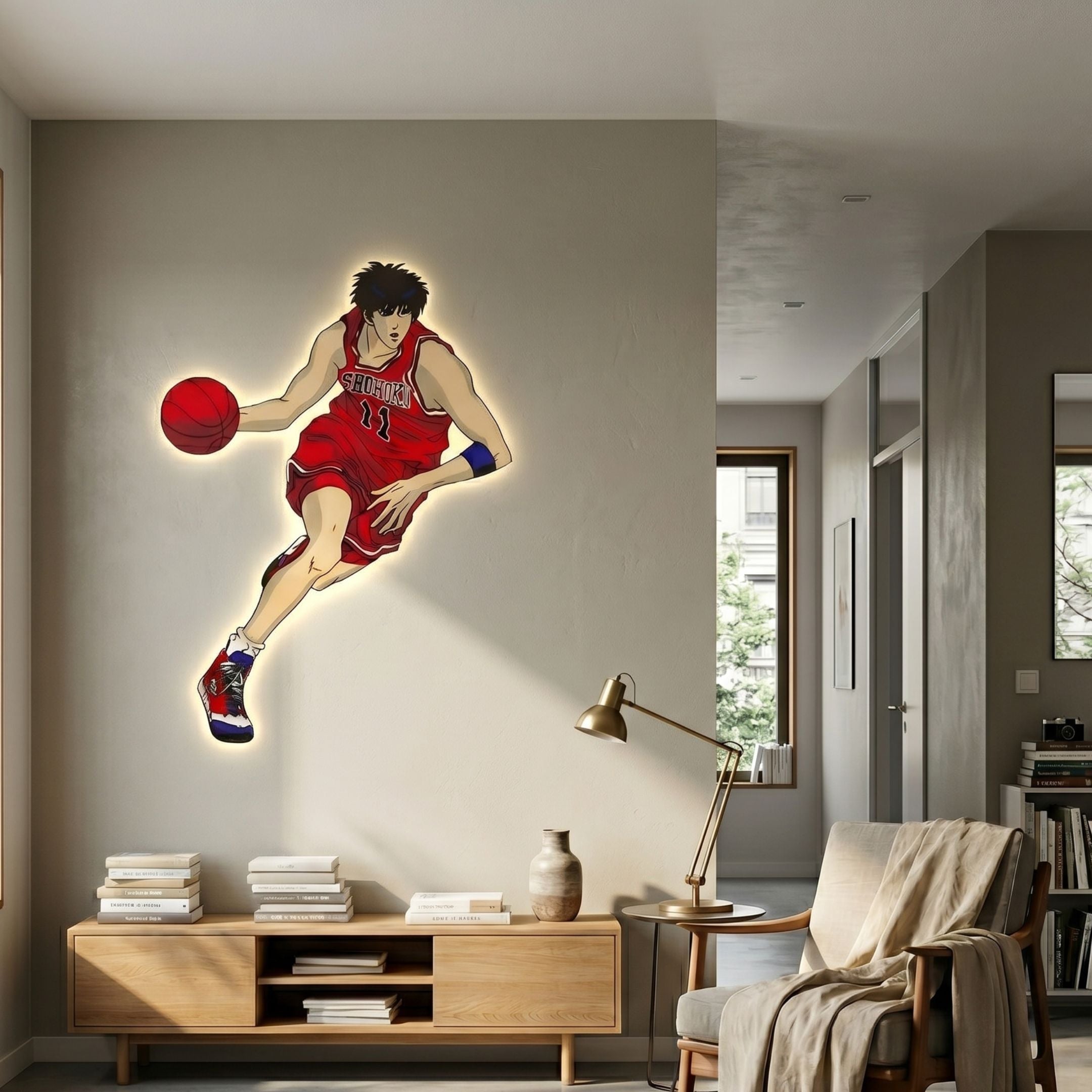 Enlustra II Game On UV Wood LED Wall Art by Giant Sculptures showing an anime basketball player in a red Shohoku #11 jersey, glowing above a wooden console in a modern living room.