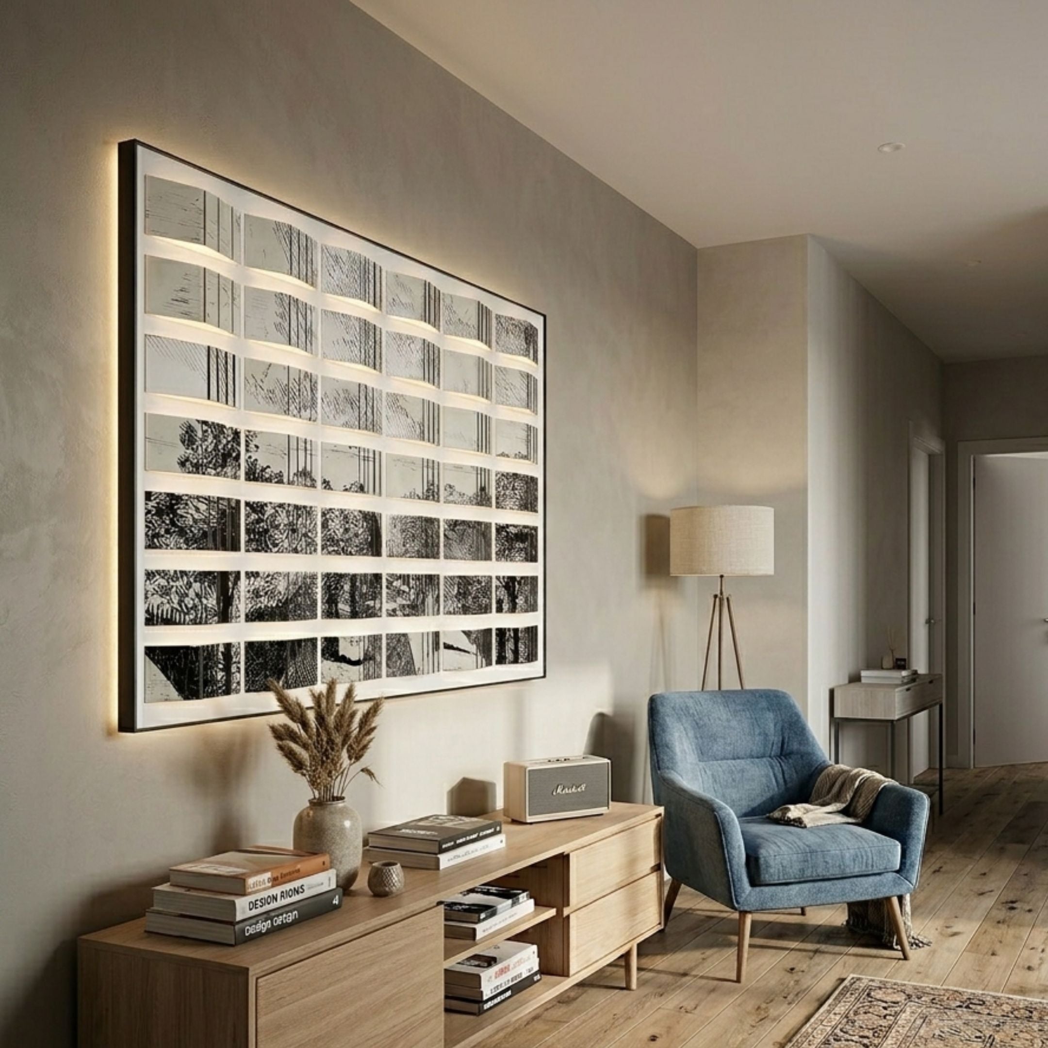 Muraluxe Monochrome Landscape Curved Mosaic 3D Wooden Wall Art backlit above a wooden console with books and pampas, beside a blue armchair and tripod floor lamp.