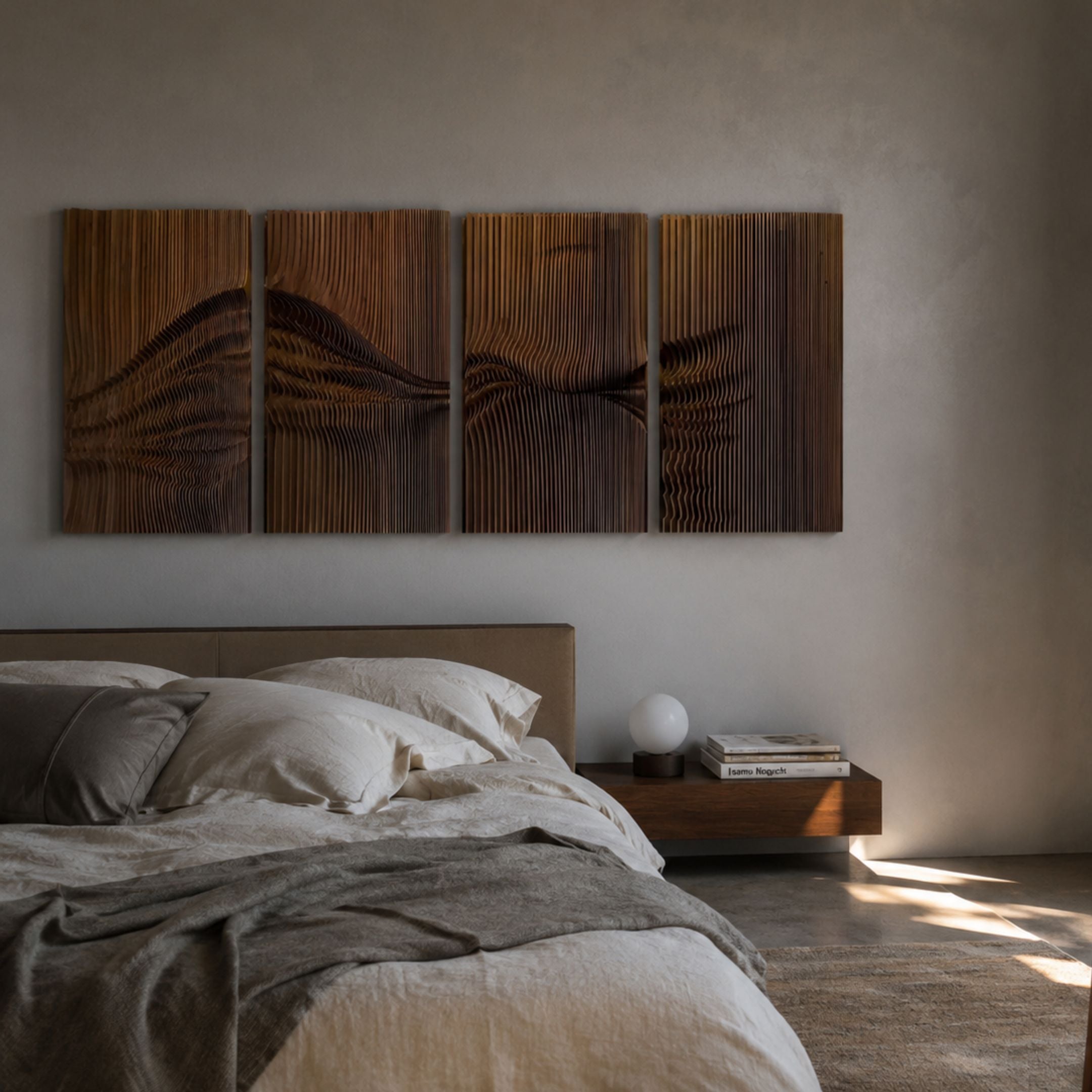 Harmonic Forms 4-Panel Brown Wood Carving 3D Wall Art by Giant Sculptures, mounted above an upholstered bed with linen bedding and a dark wood nightstand.