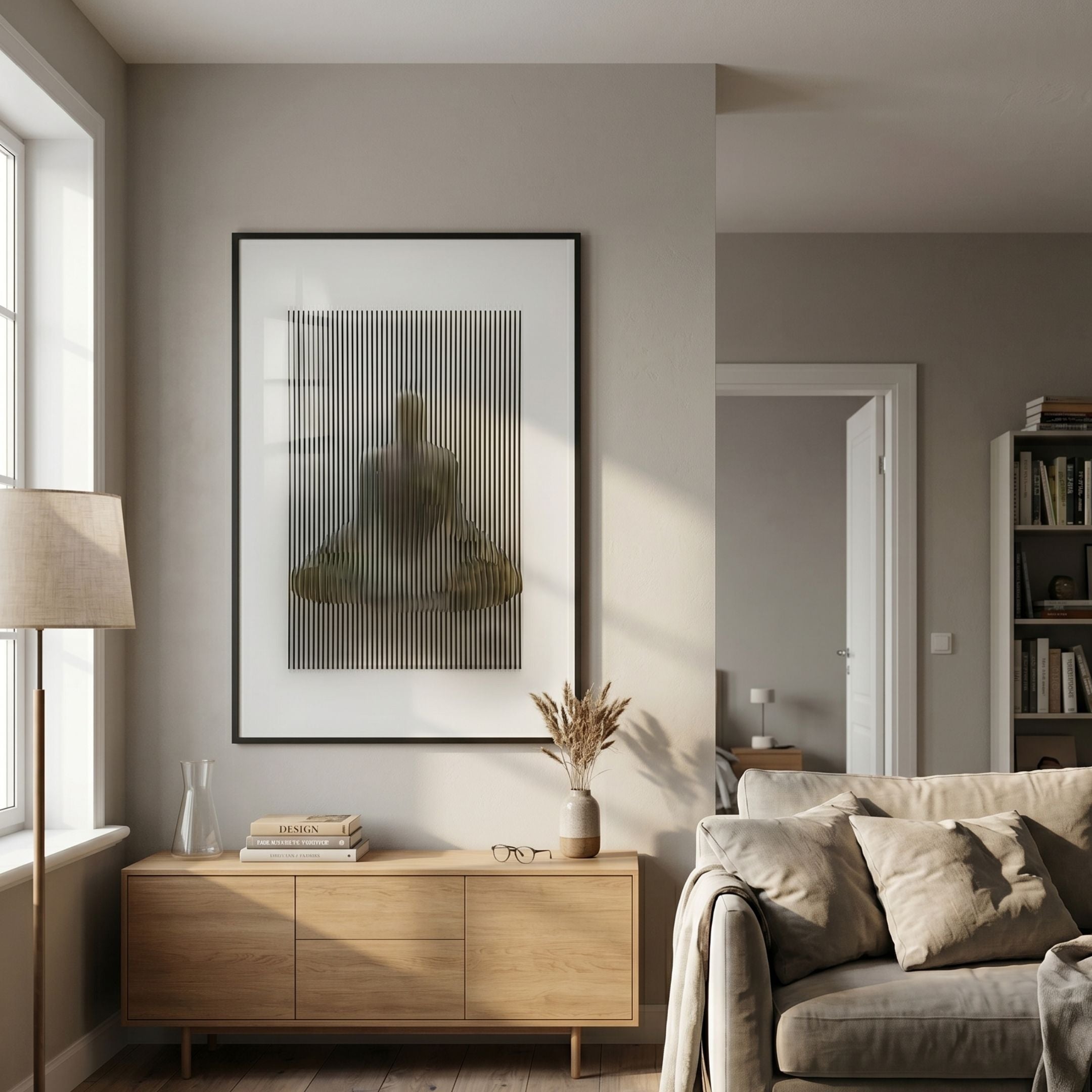 Illusive Meditative Pose Wood Carving 3D Wall Art by Giant Sculptures displayed above an oak sideboard in a neutral living room with linen sofa and floor lamp.