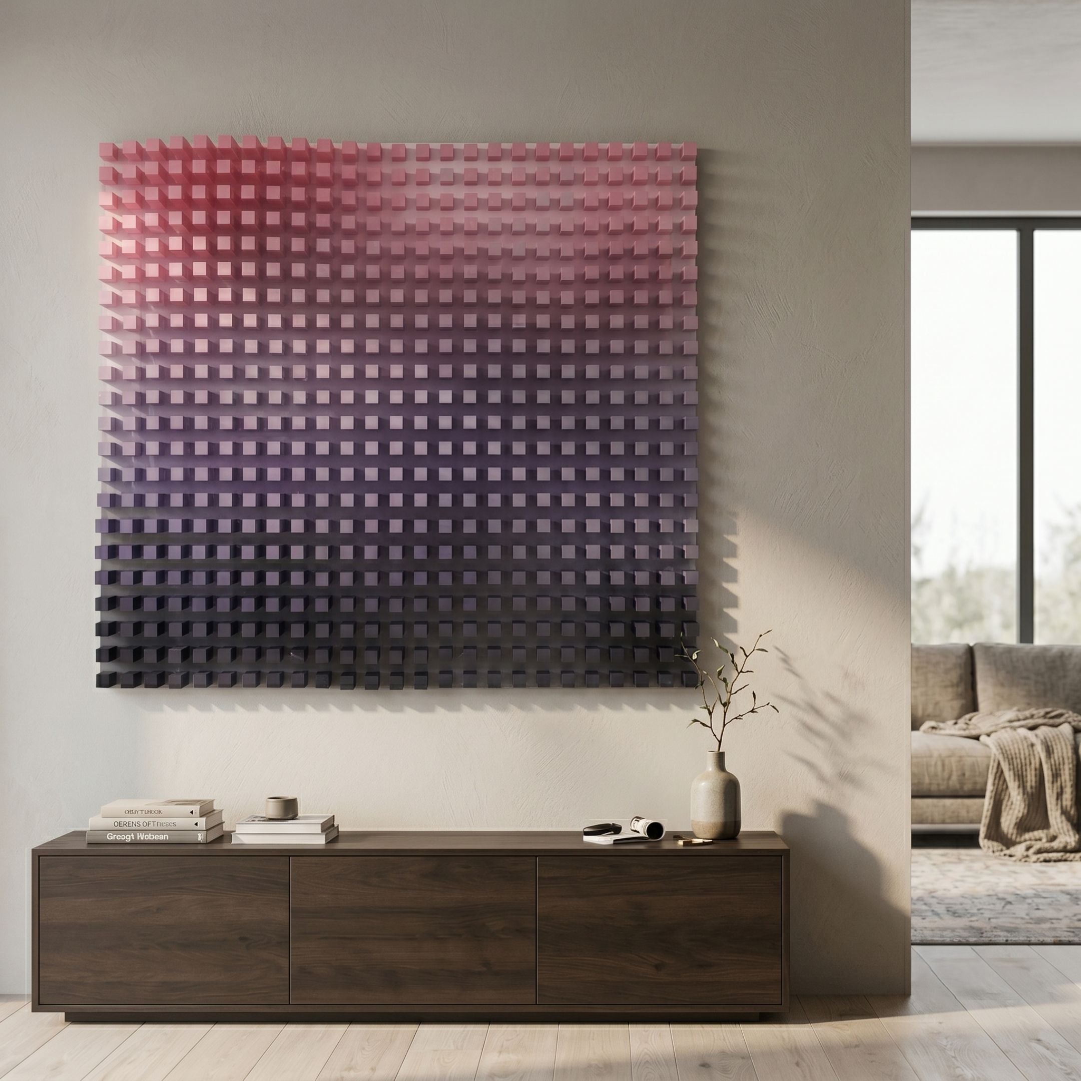 Wavluxe Gradient Pink & Purple Wood Mosaic 3D Wall Art mounted above a dark wood sideboard, with a vase and books below and a sofa to the side.