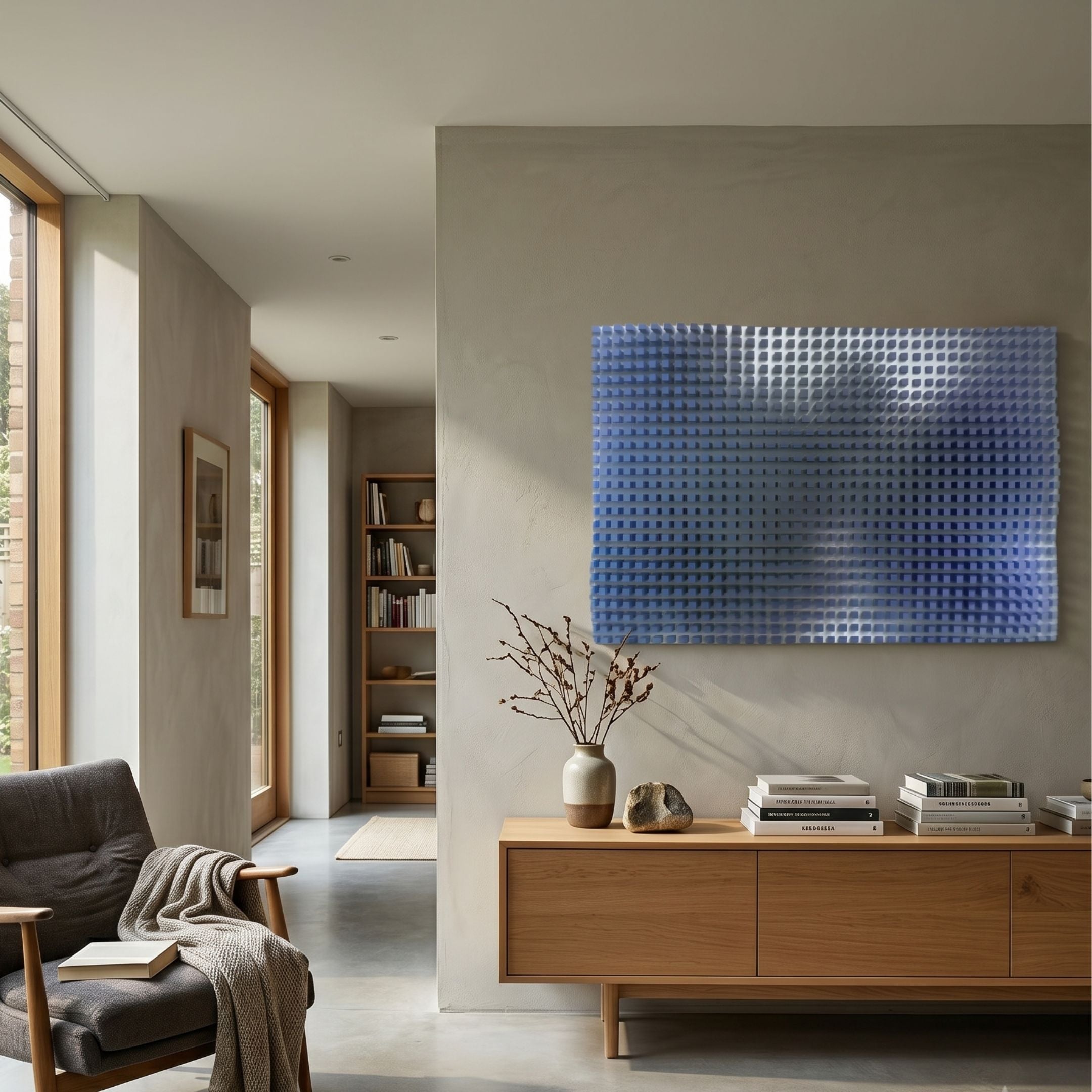 Wavluxe Gradient Blue Wood Mosaic 3D Wall Art mounted on a beige plaster wall above a wooden sideboard in a modern living room with armchair and bookshelf.