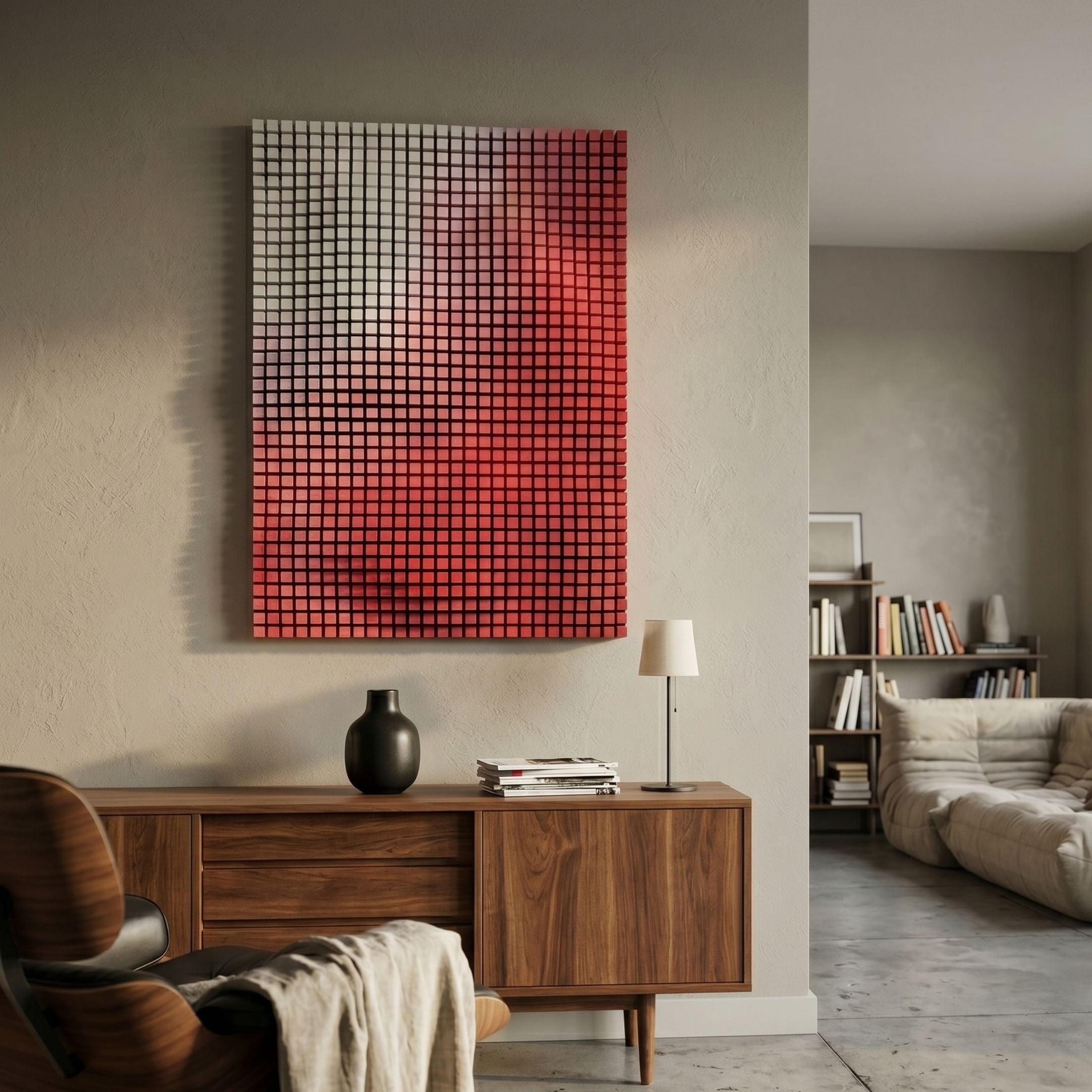 Reflexion Ruby Red Cube Mosaic 3D Wooden Wall Art by Giant Sculptures, displayed above a walnut sideboard with vase and lamp in a modern living room.