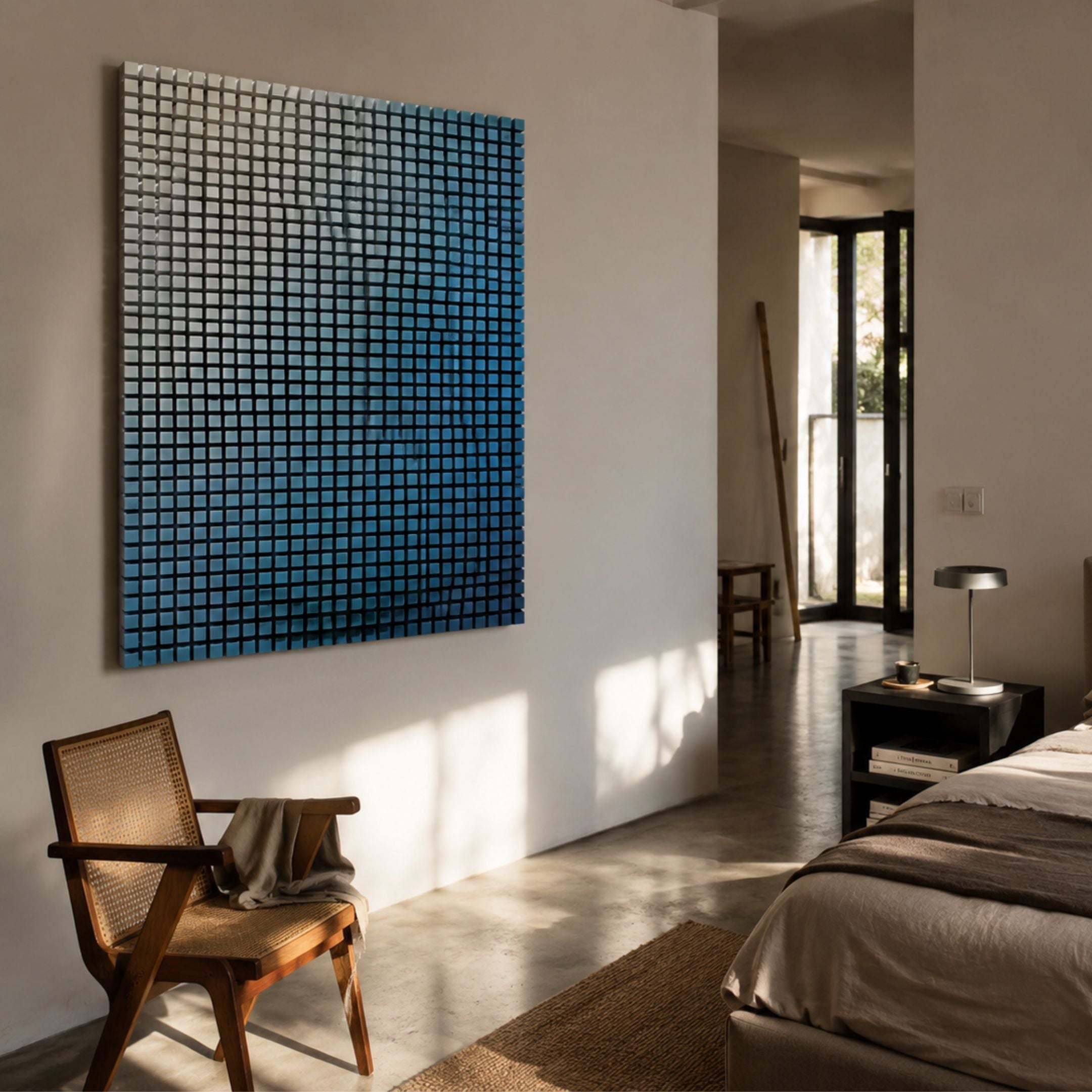 Reflexion Blue Gradient Cube Mosaic 3D Wooden Wall Art by Giant Sculptures mounted in a sunlit bedroom above a cane chair, beside a dark nightstand and bed.