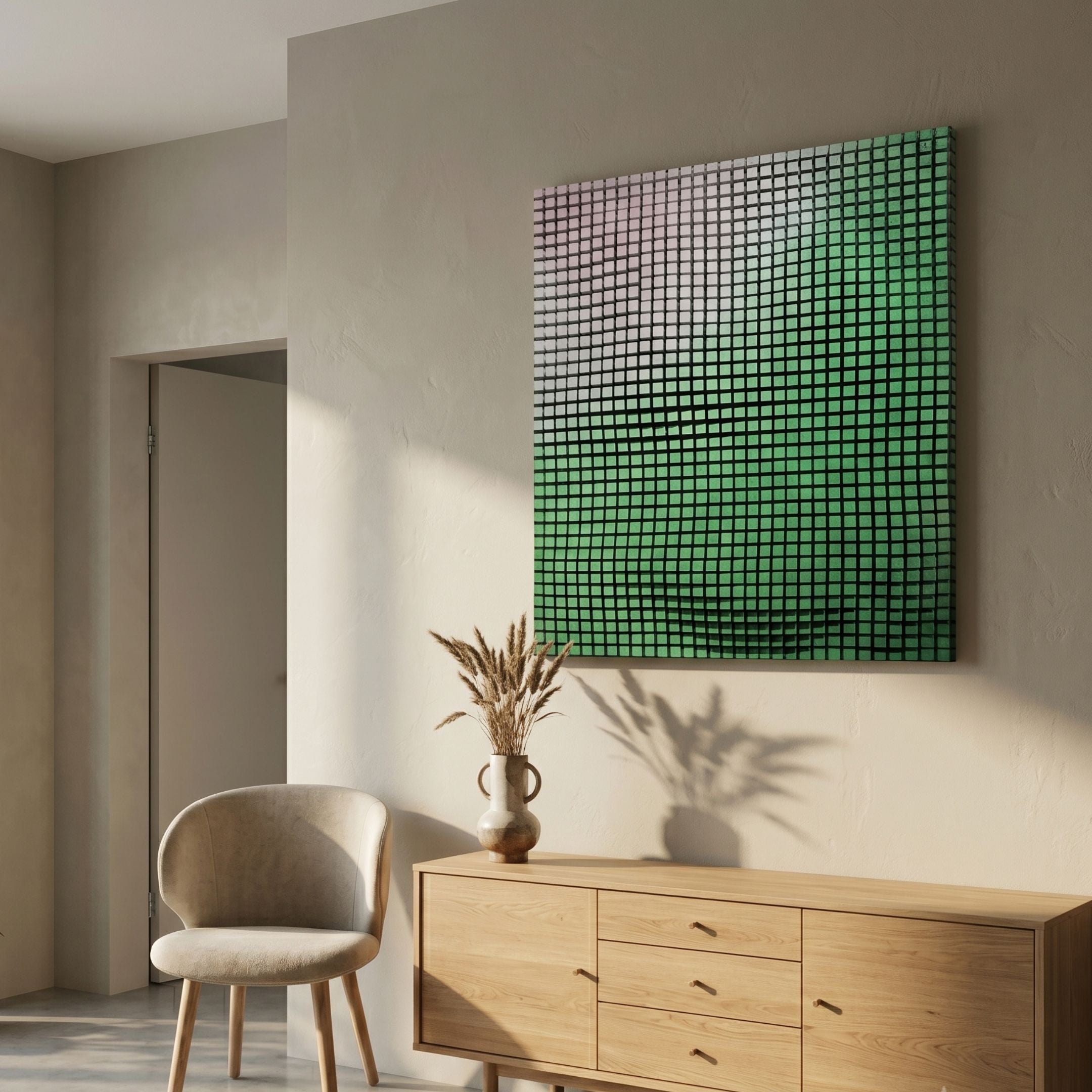 Reflexion Green Gradient Cube Mosaic 3D Wooden Wall Art by Giant Sculptures mounted above a wooden sideboard with a chair and dried pampas in a neutral room.