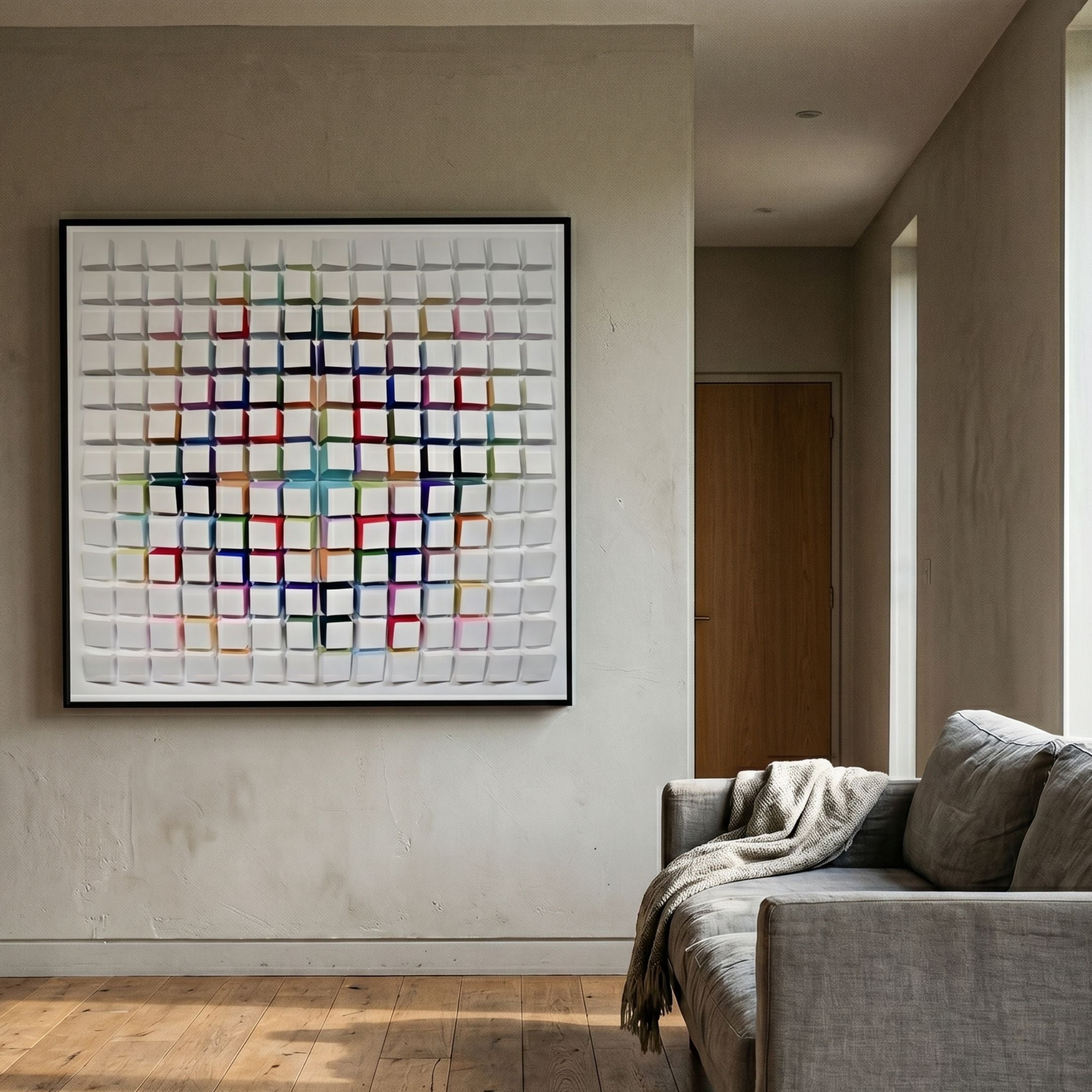 Prismatrix Multicolour Geometric Wood Collage 3D Wall Art by Giant Sculptures displayed above a grey sofa in a modern living room with wood flooring.