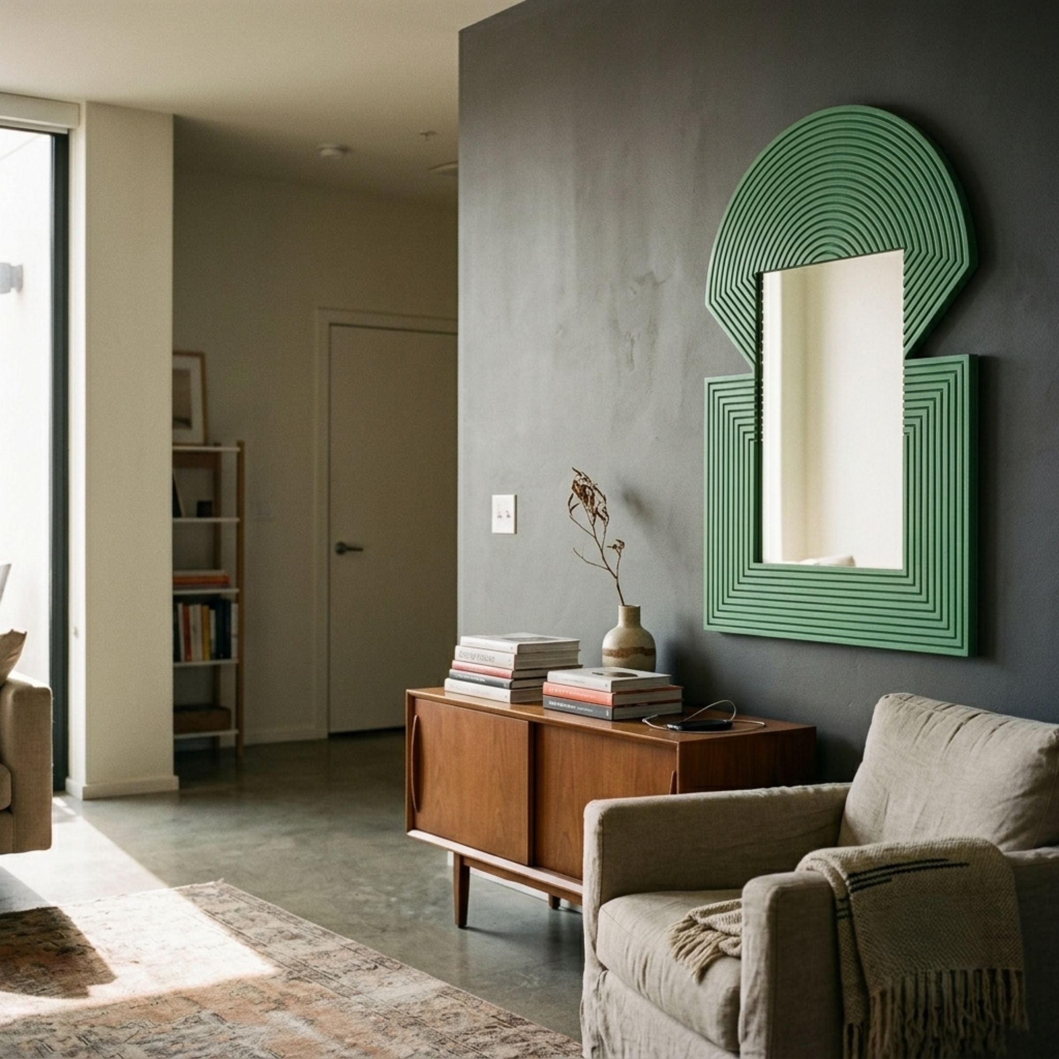 Aurellis Green Arch & Square Geometric Mirror Frame Wall Art by Giant Sculptures mounted on a dark grey wall above a mid-century walnut sideboard in a living room.
