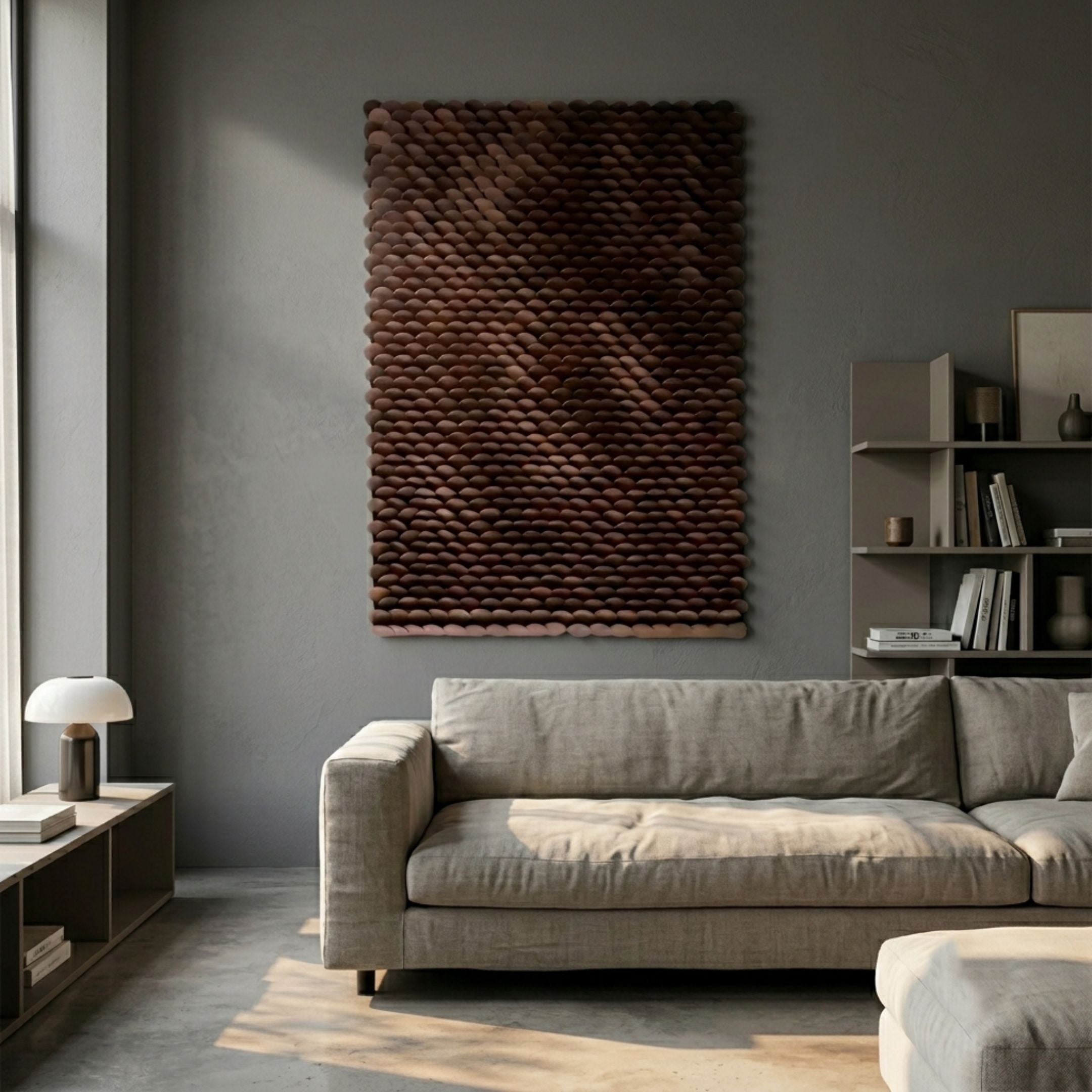 Serica Brown Scale Textured Vertical 3D Wooden Wall Art by Giant Sculptures mounted above a linen sofa in a grey-walled living room with shelving.