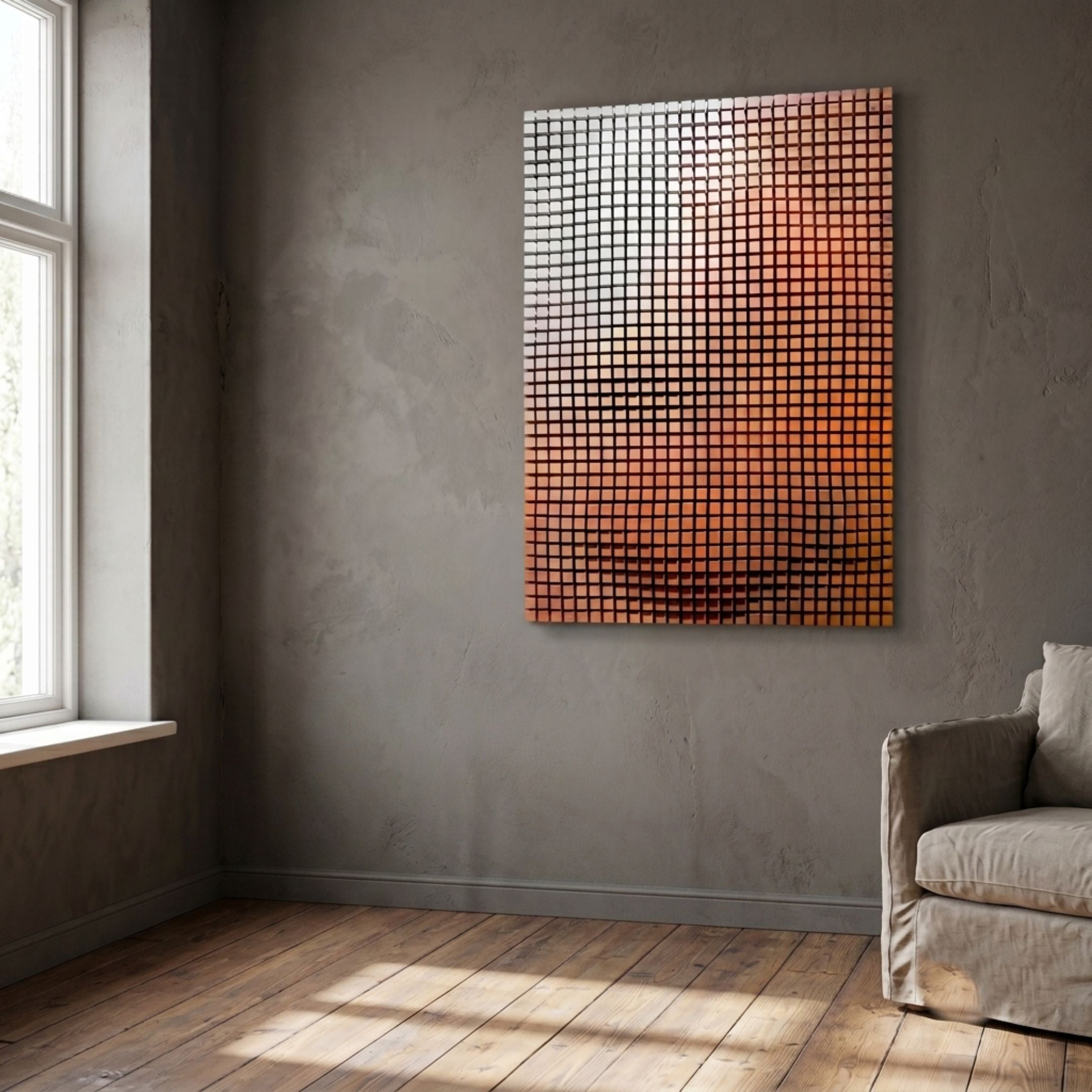 Reflexion Sunset Orange Cube Mosaic 3D Wooden Wall Art by Giant Sculptures displayed on a grey plaster wall in a sunlit room with wooden floor and beige sofa.