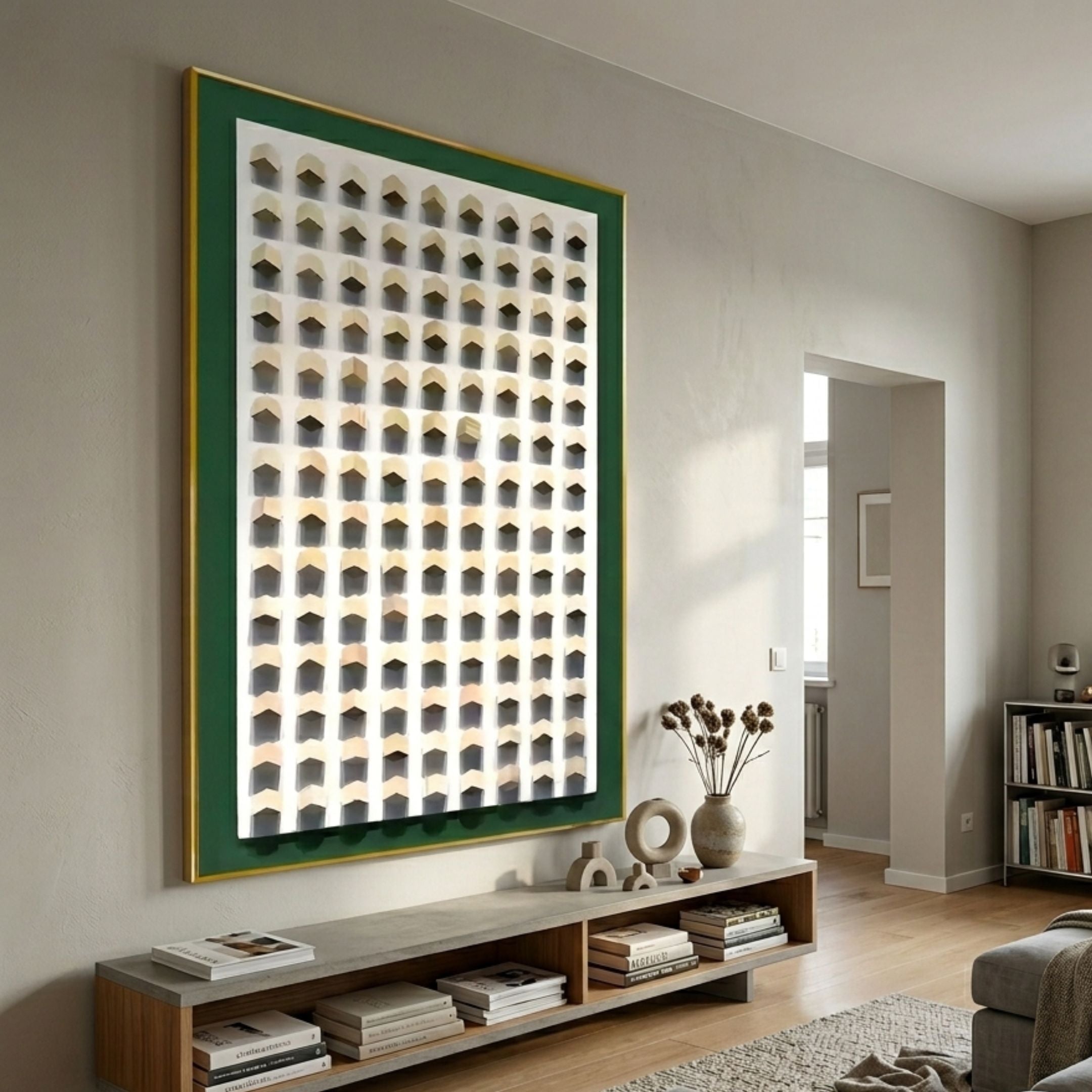 Artiora Green Edge & Wood Block Modular Grid 3D Wall Art with white cube blocks on green ground and gold frame, mounted above a console in a living room.