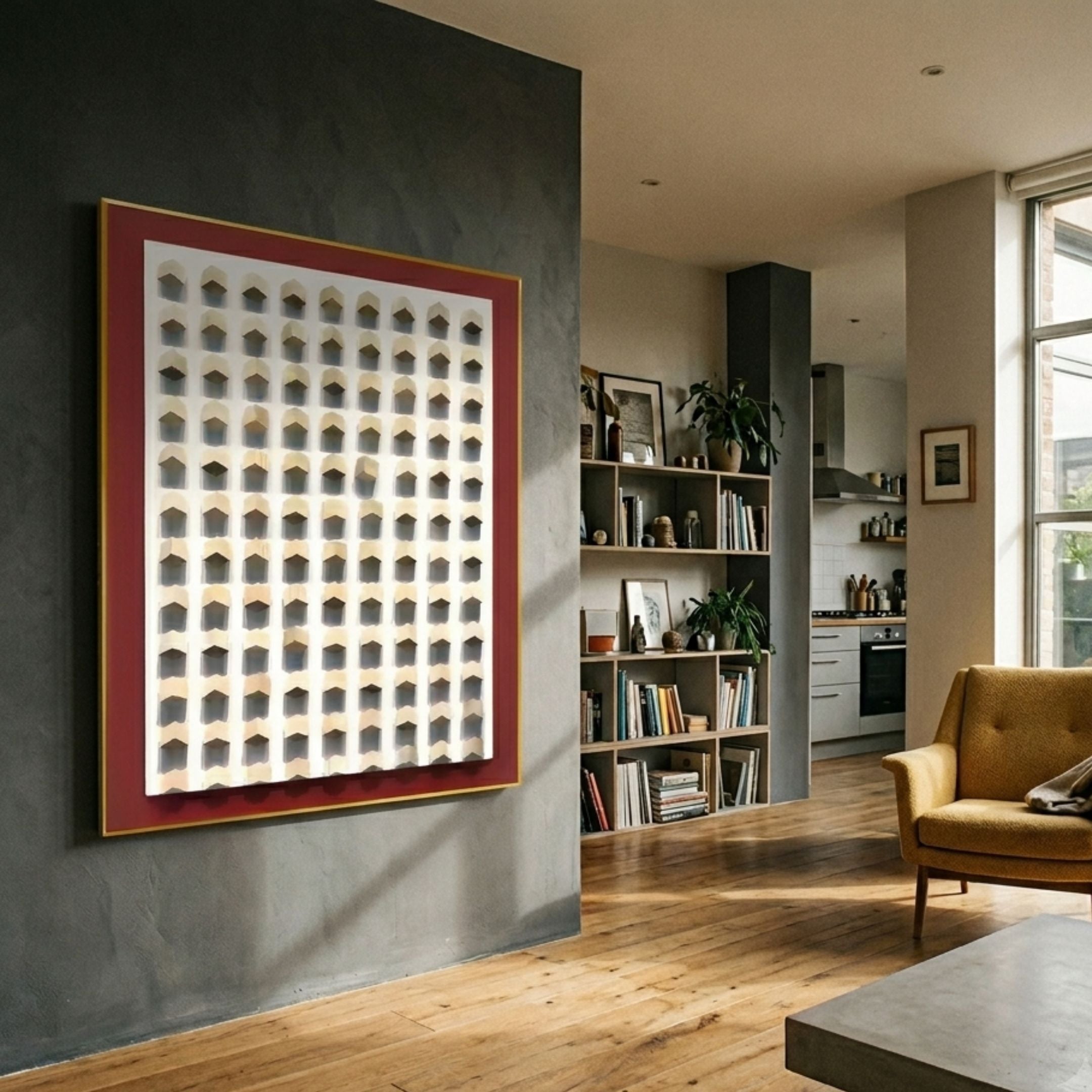 Artiora Red Edge & Wood Block Modular Grid 3D Wall Art by Giant Sculptures displayed on a grey wall in a modern living room with bookshelves and kitchen view.