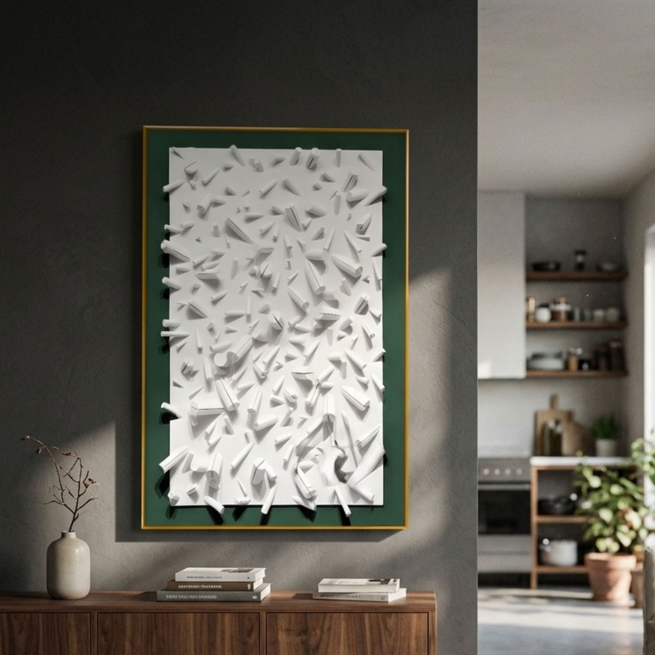 Artiora Green Edge & White Abstract Wooden Shard 3D Wall Art by Giant Sculptures displayed above a walnut sideboard in a grey-walled hallway near a kitchen.