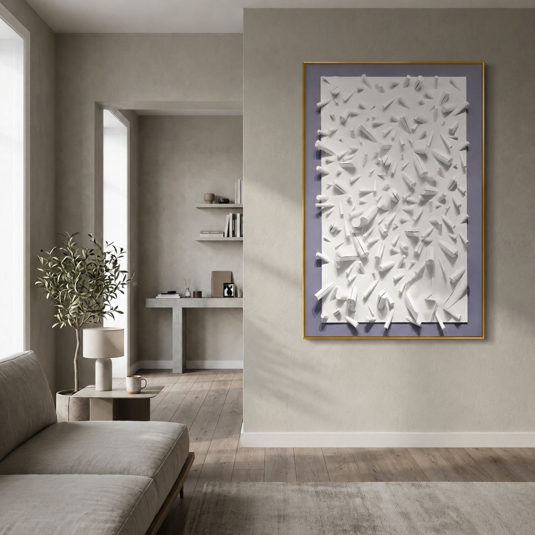 Artiora Soft Purple Edge & White Abstract Wooden Shard 3D Wall Art by Giant Sculptures displayed on a beige wall in a modern living room with sofa.