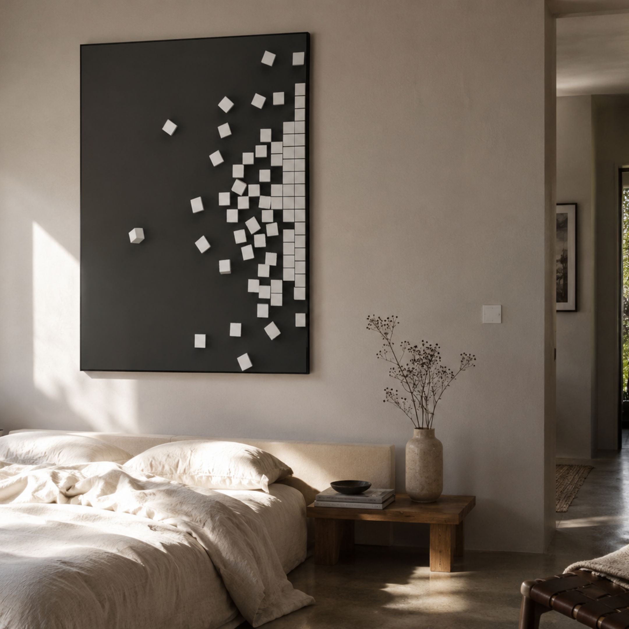 Fragmenta White Wooden Cube Scatter On Black Canvas 3D Wall Art by Giant Sculptures mounted above a linen-dressed bed with a wooden side bench and vase.