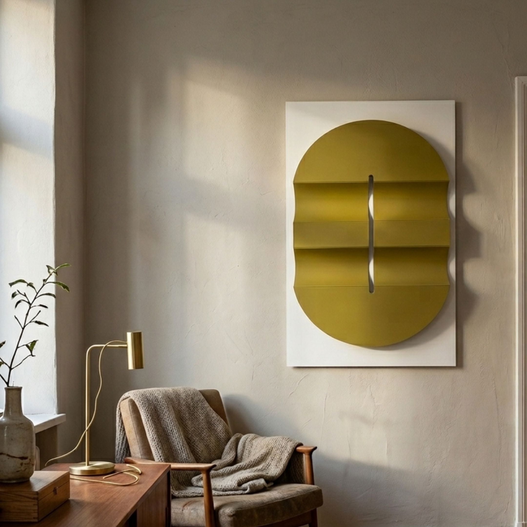 Ellipse Gold Oval Wood 3D Canvas Wall Art by Giant Sculptures displayed in a sunlit corner above a mid-century armchair, brass desk lamp, and small plant.