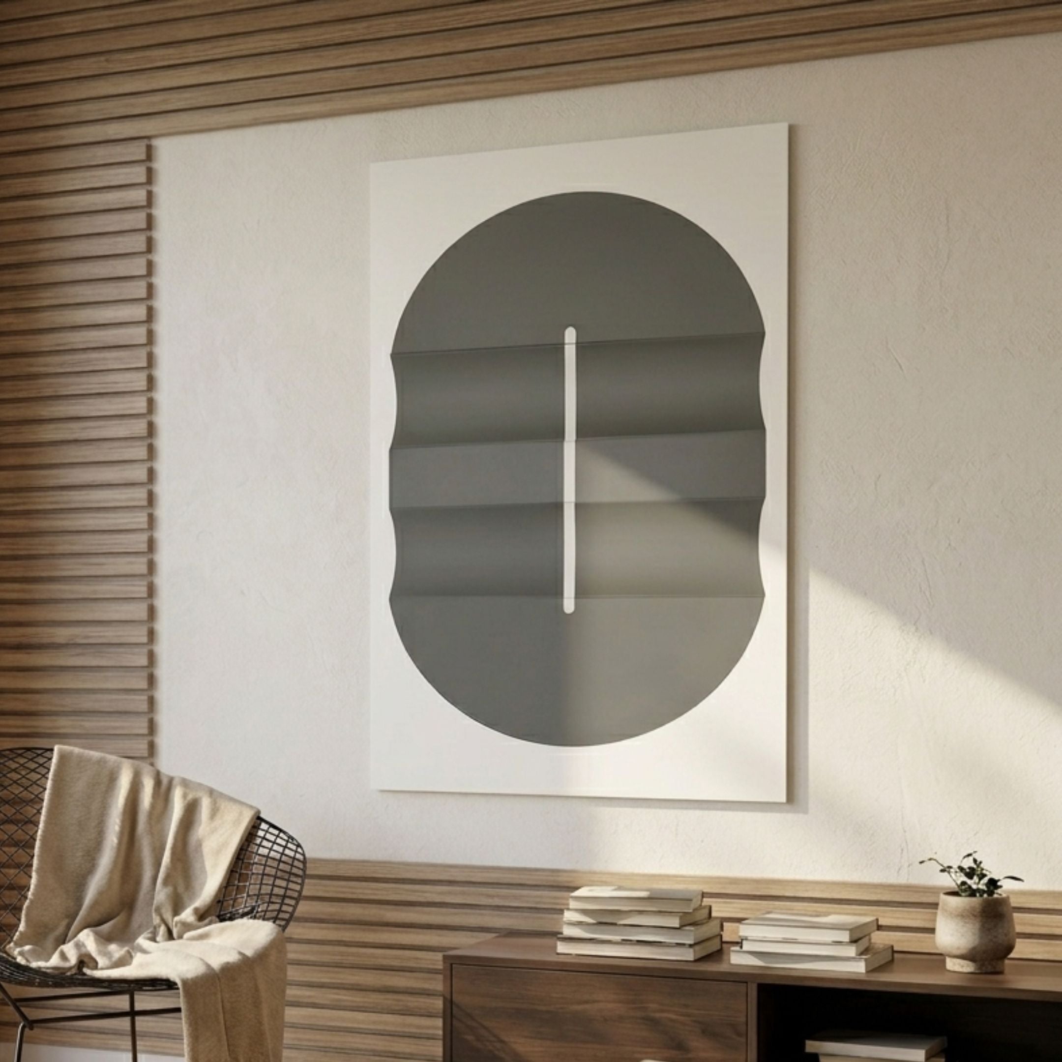 Ellipse Charcoal Oval Wood 3D Canvas Wall Art by Giant Sculptures displayed above a wooden console in a Nordic-inspired room with a wire chair and books.