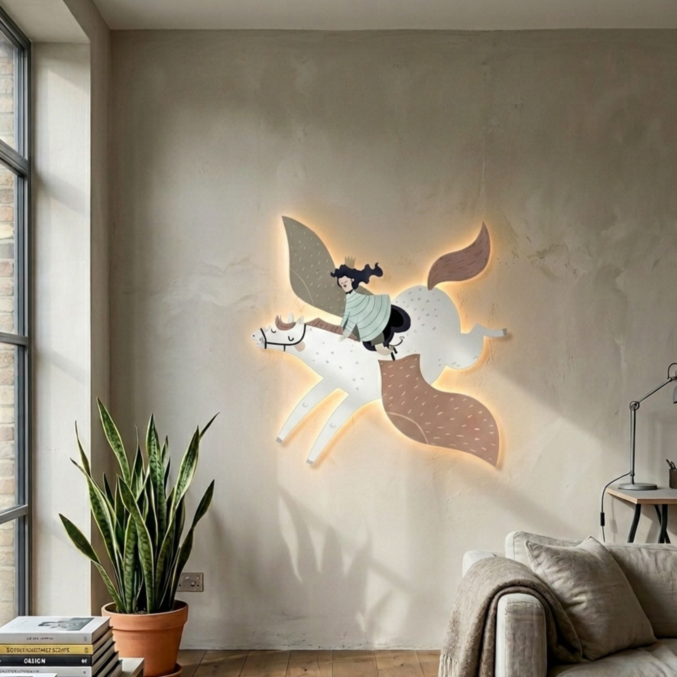 Mythoria Journey Fairytale Horse Wooden LED Wall Art by Giant Sculptures, glowing on a beige wall above a snake plant and linen sofa in a sunlit living room.