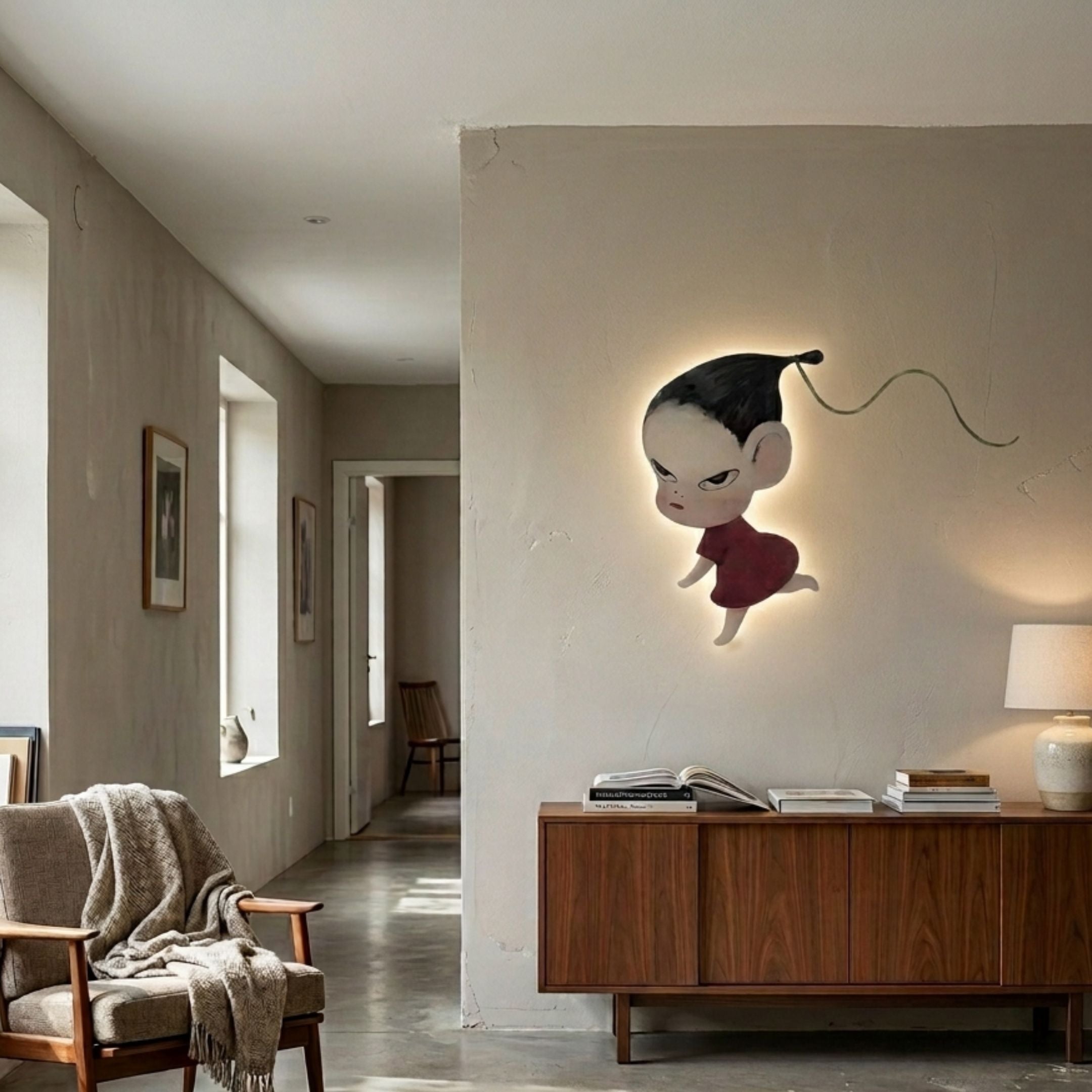 Enigmo Playful Cartoon Character Wooden Wall Art by Giant Sculptures, mounted with backlight glow above a walnut sideboard in a neutral living room.