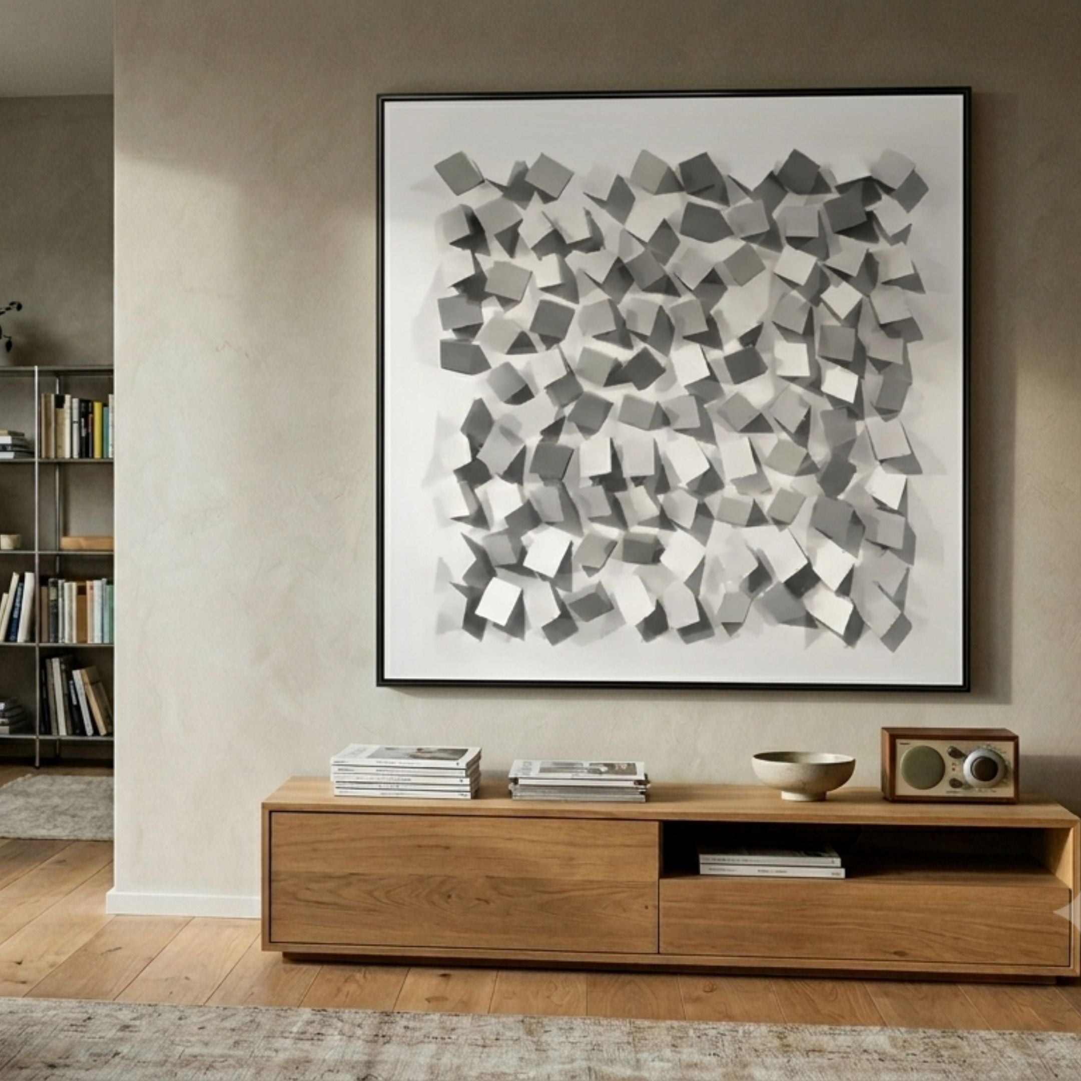 Cubitara White Abstract Wood Cluster 3D Wall Art by Giant Sculptures in a black frame above an oak console with magazines, beside a bookshelf.