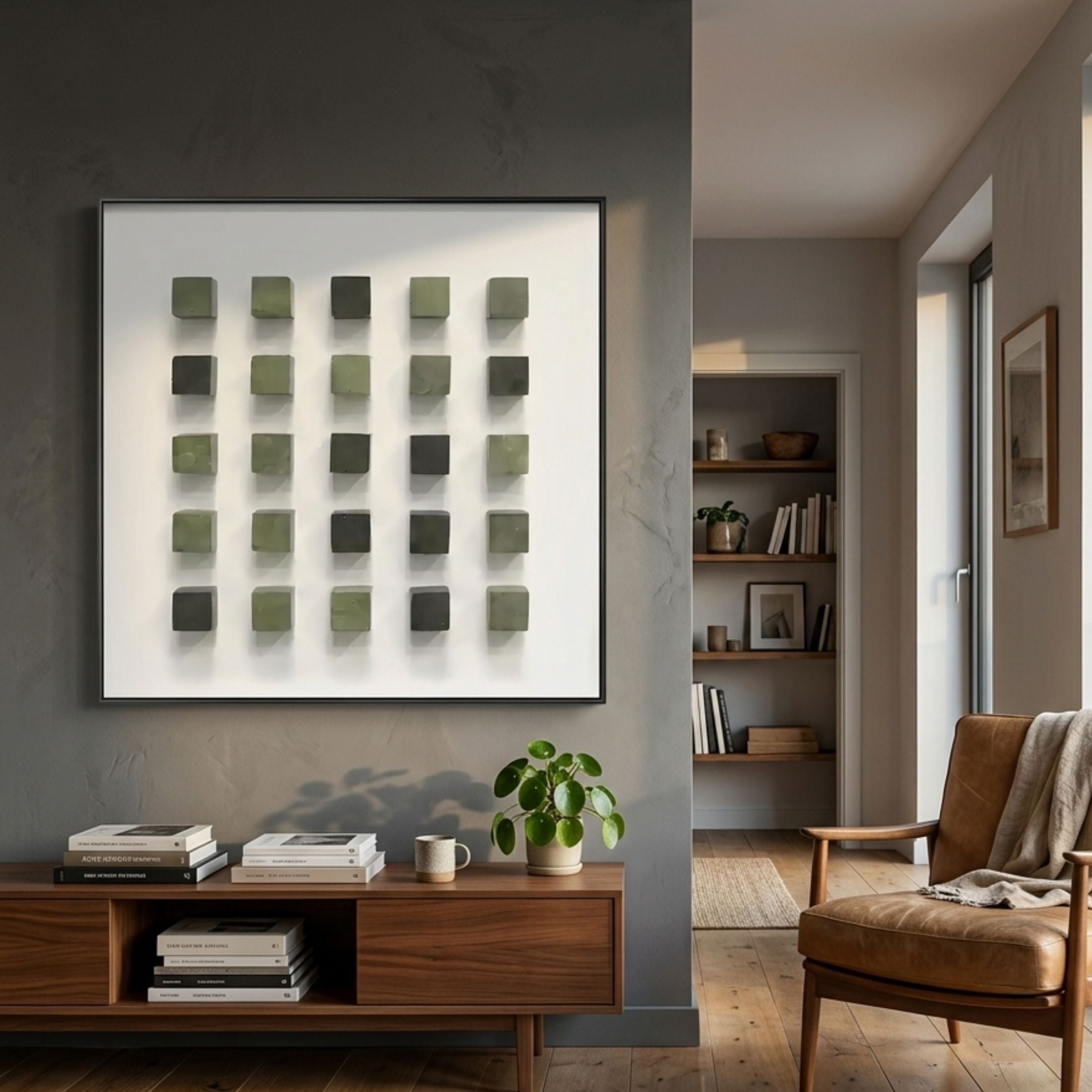 Cubitara Green Gradient Wood Block 3D Wall Art by Giant Sculptures displayed above a walnut sideboard with books and a pilea plant in a modern living room.