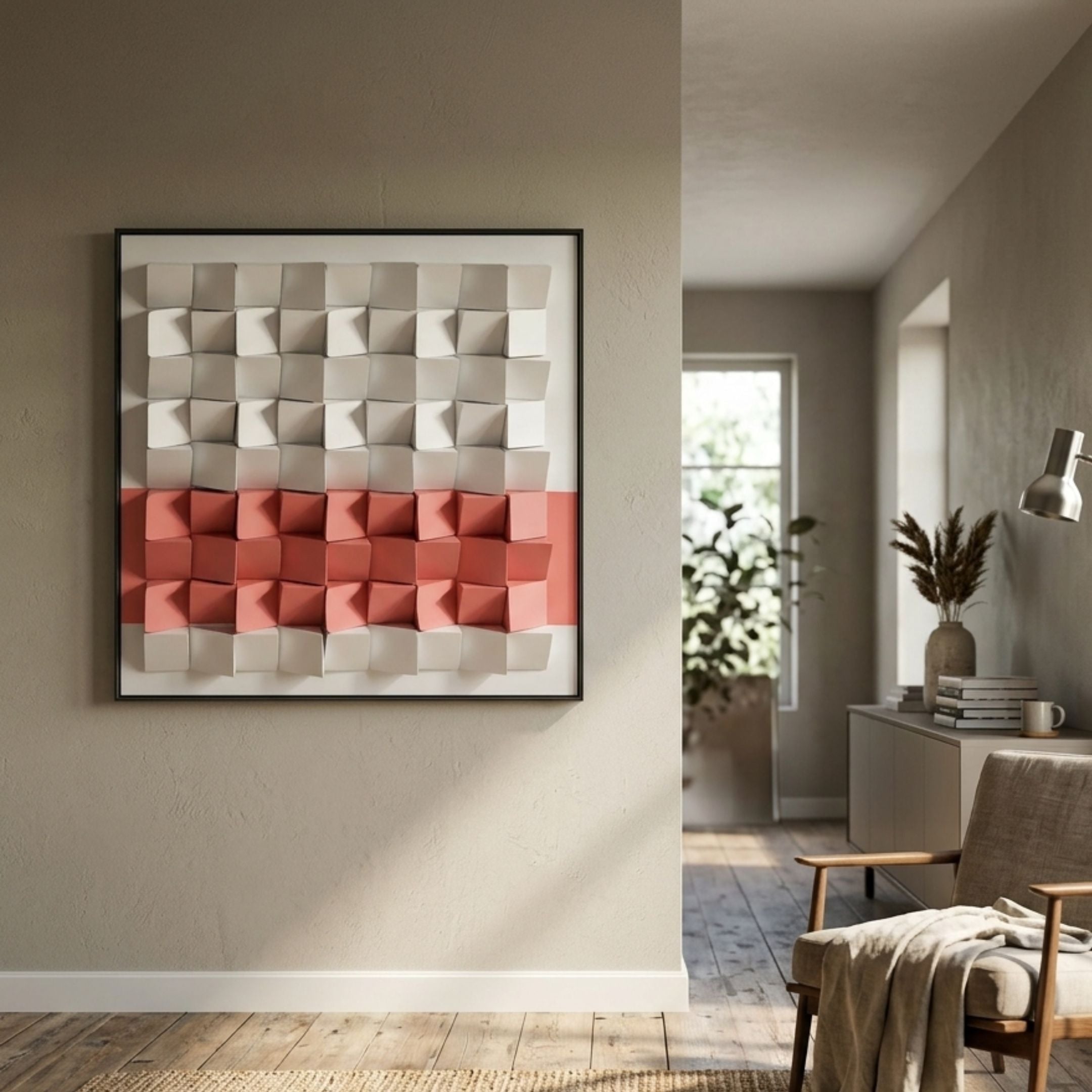 Tessera White & Coral II Geometric Wood 3D Wall Art by Giant Sculptures displayed on a beige hallway wall near a linen armchair and console.