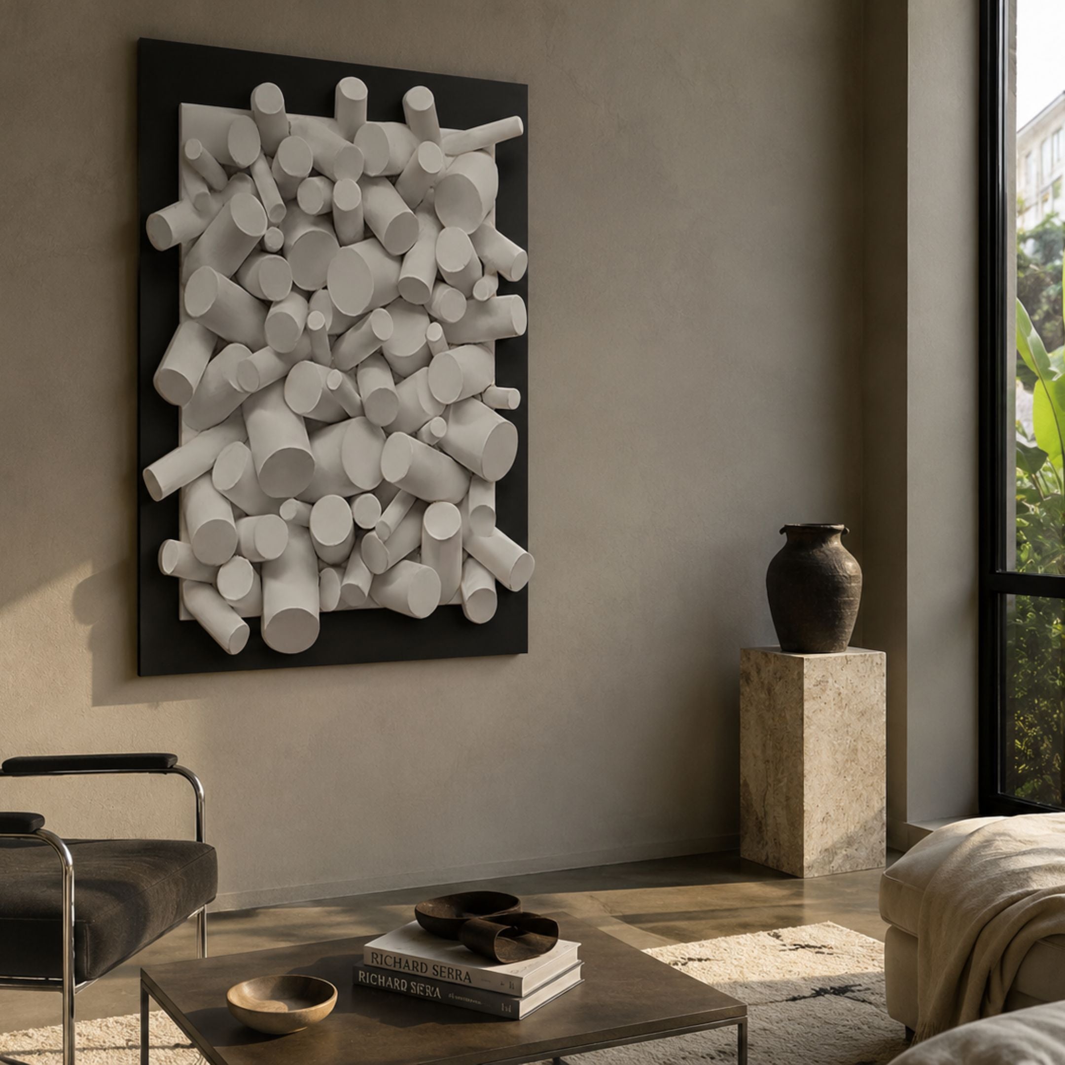 Axion White Wood Cluster & Black Edge 3D Wall Art displayed in a modern living room above a coffee table, beside a stone plinth with dark vase.