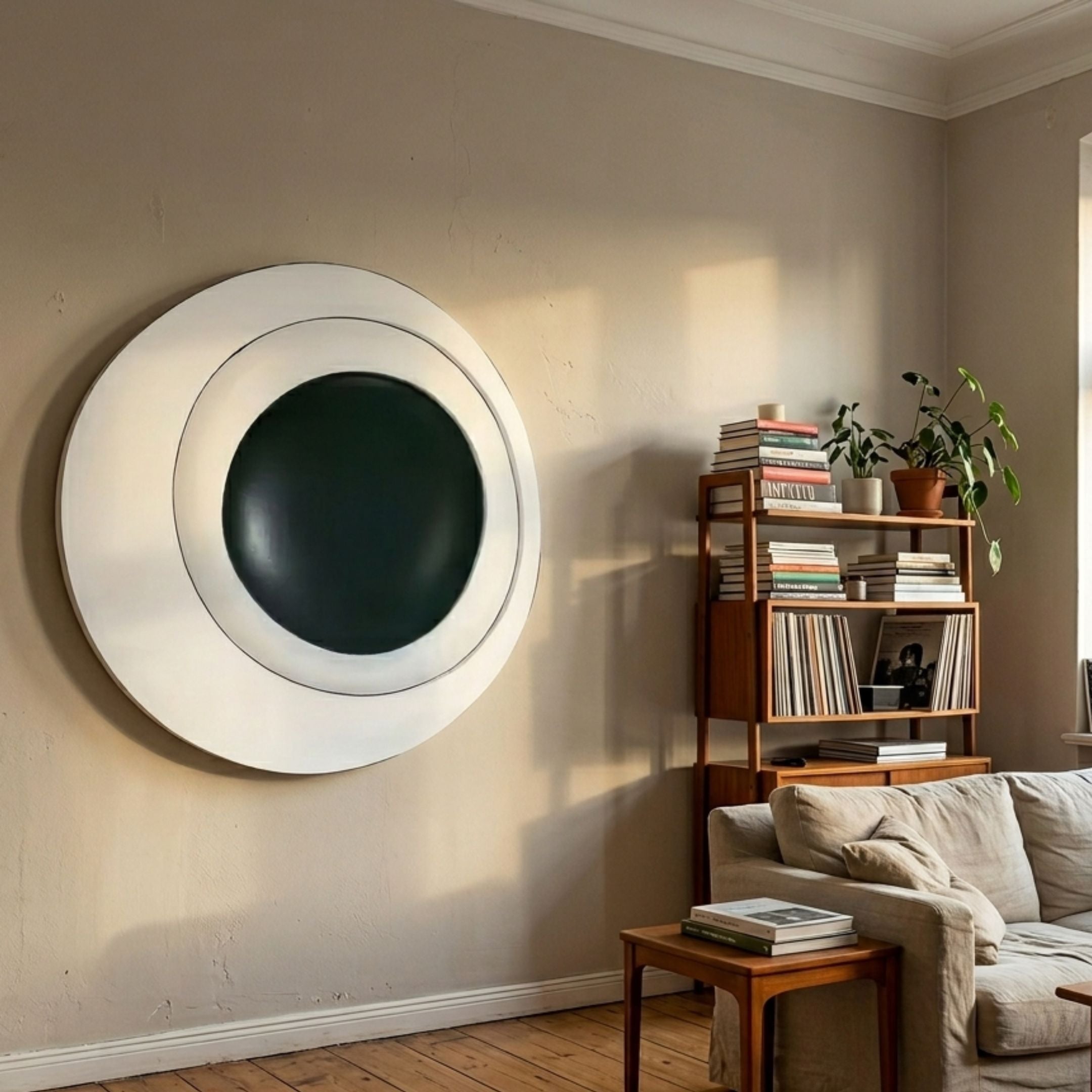 Aetherial Green Glossy Circular Asymmetry 3D Wall Art by Giant Sculptures mounted on a beige living room wall beside a mid-century bookshelf and linen sofa.