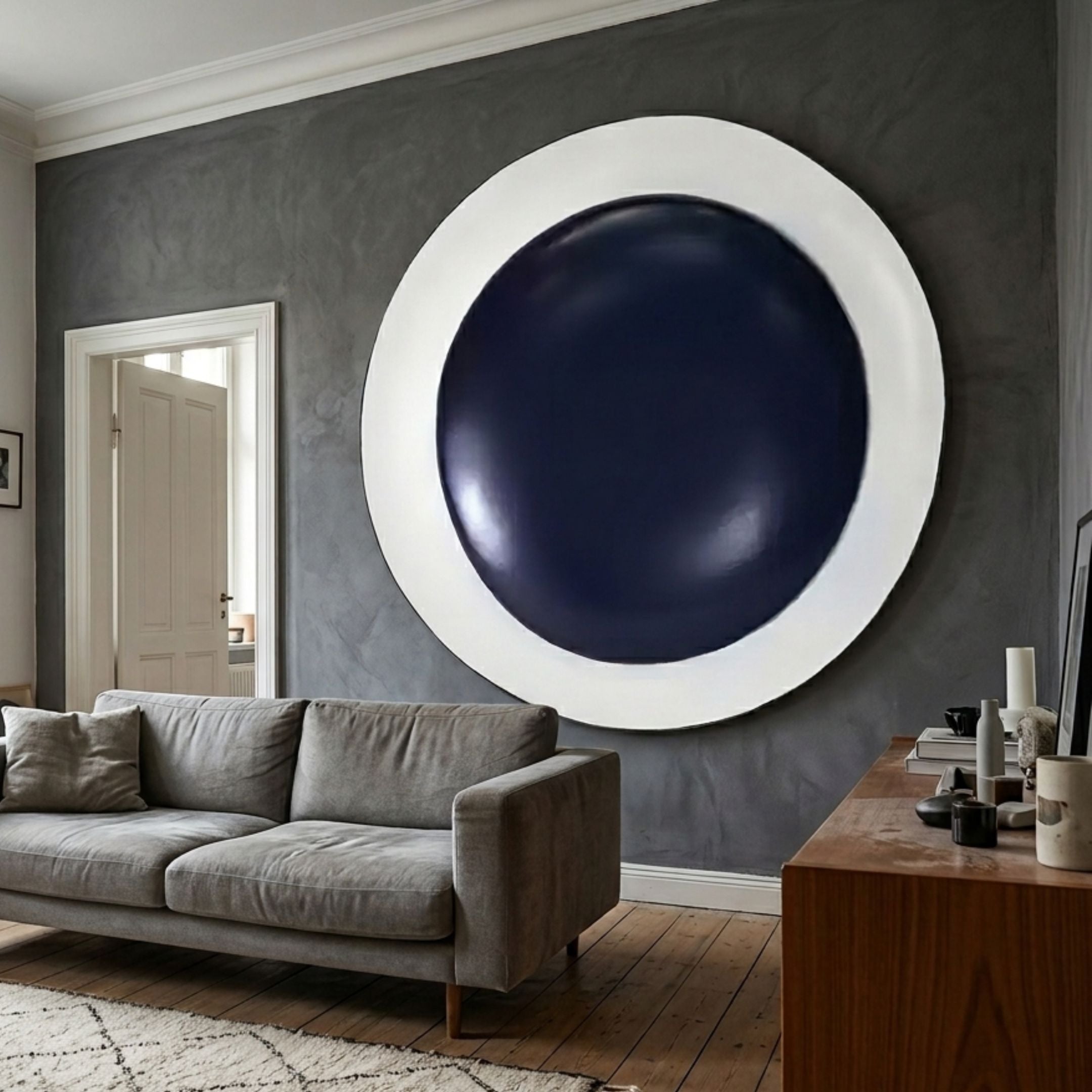 Aetherial Midnight Blue Glossy Circular Symmetry 3D Wall Art by Giant Sculptures mounted above a grey sofa on a dark grey wall in a modern living room.