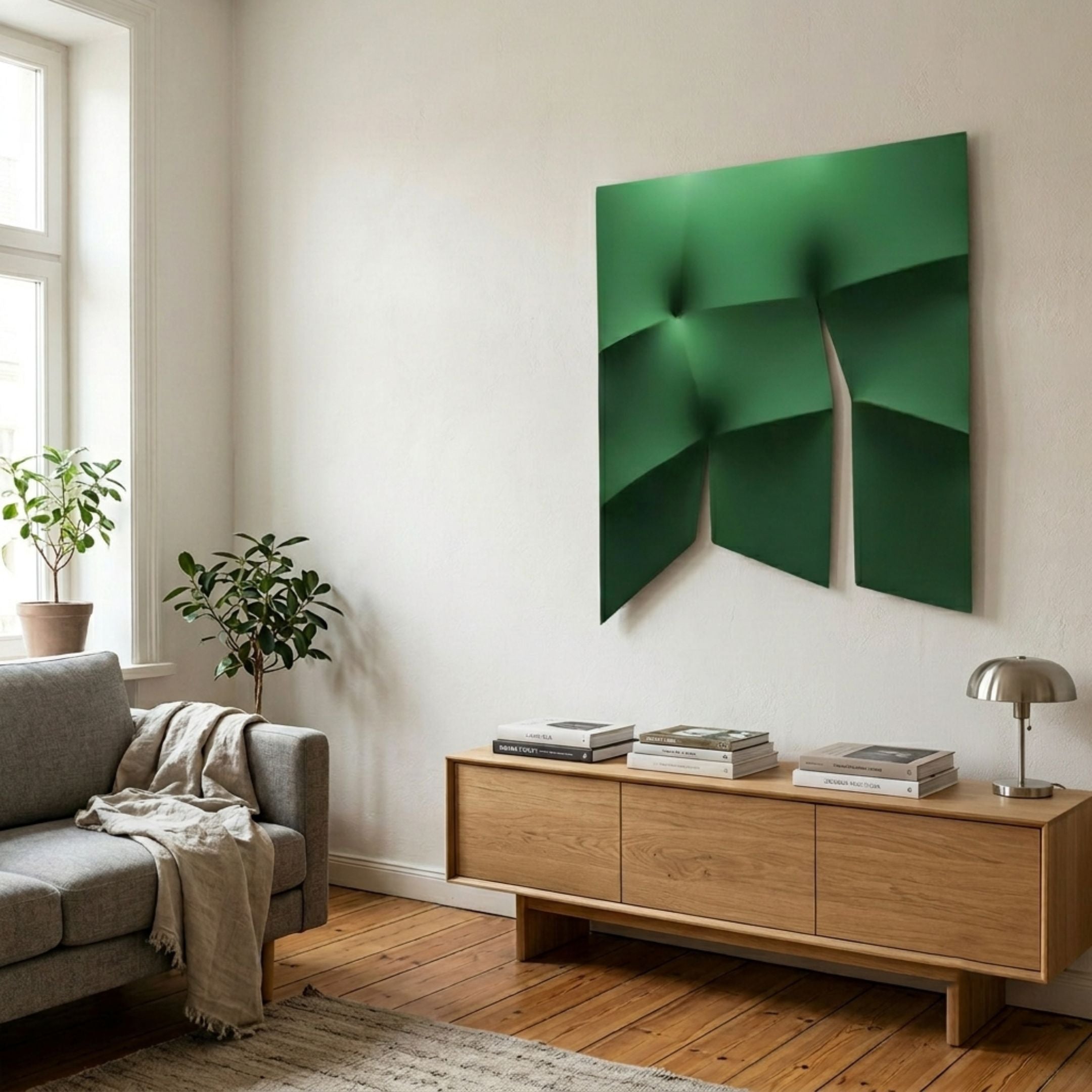 Contours Emerald Green Elastic Fabric 3D Wooden Wall Art by Giant Sculptures mounted above an oak sideboard in a living room with a grey sofa and plants.