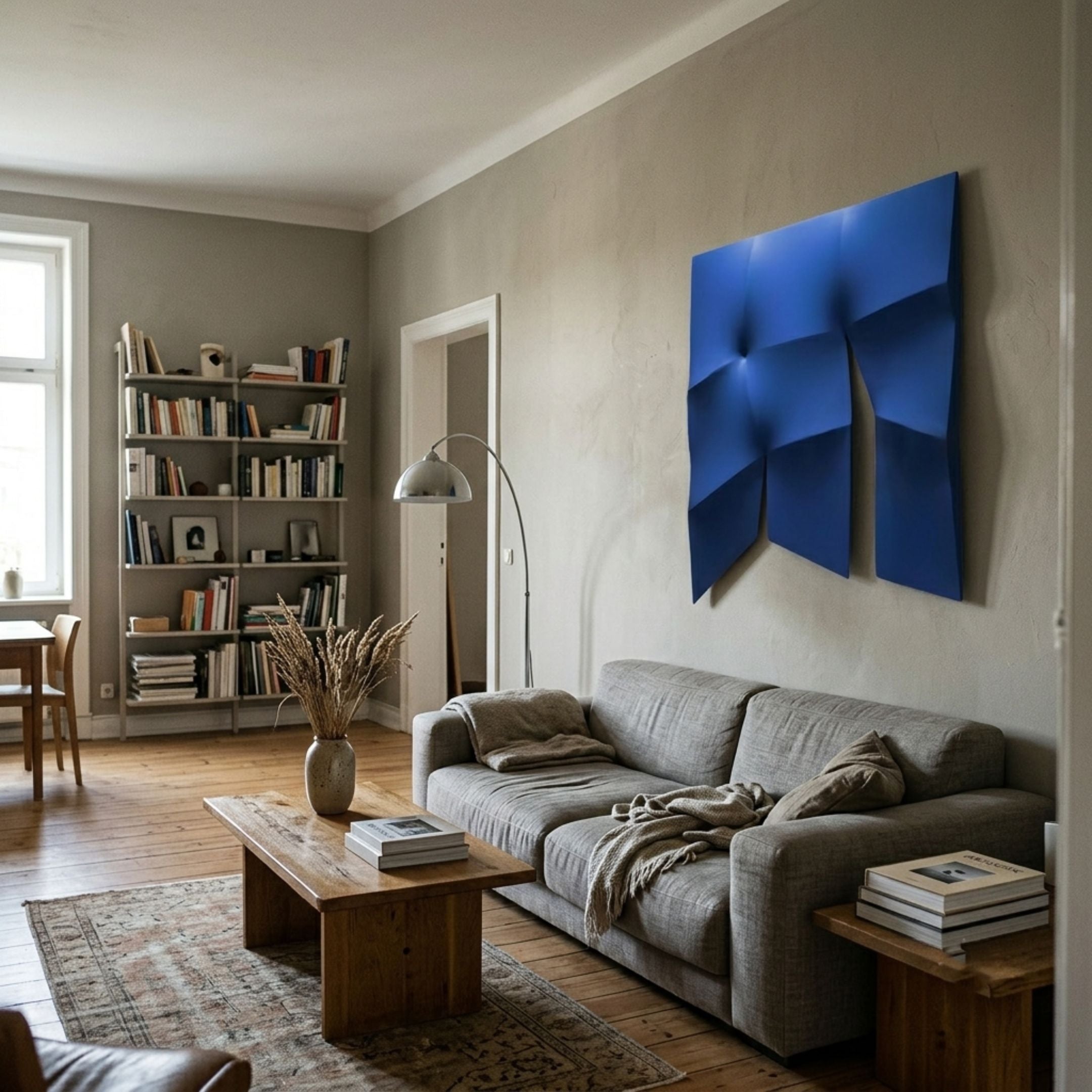 Contours Dynamic Blue Elastic Fabric 3D Wooden Wall Art by Giant Sculptures mounted above a grey sofa in a living room with bookshelf, arc lamp, and wooden coffee table.