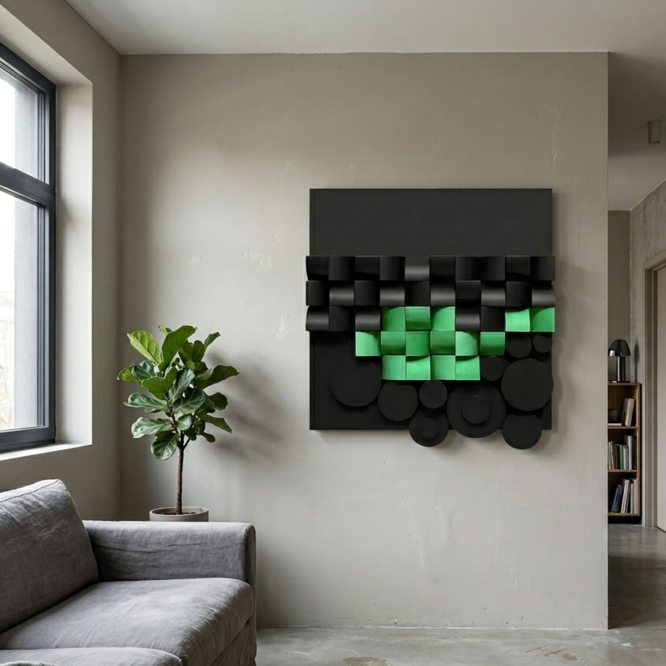 Nocturna Black & Green Modular Wooden Hand-Painted 3D Wall Art with glossy green and matte black cubes mounted above a grey sofa and fiddle leaf fig.