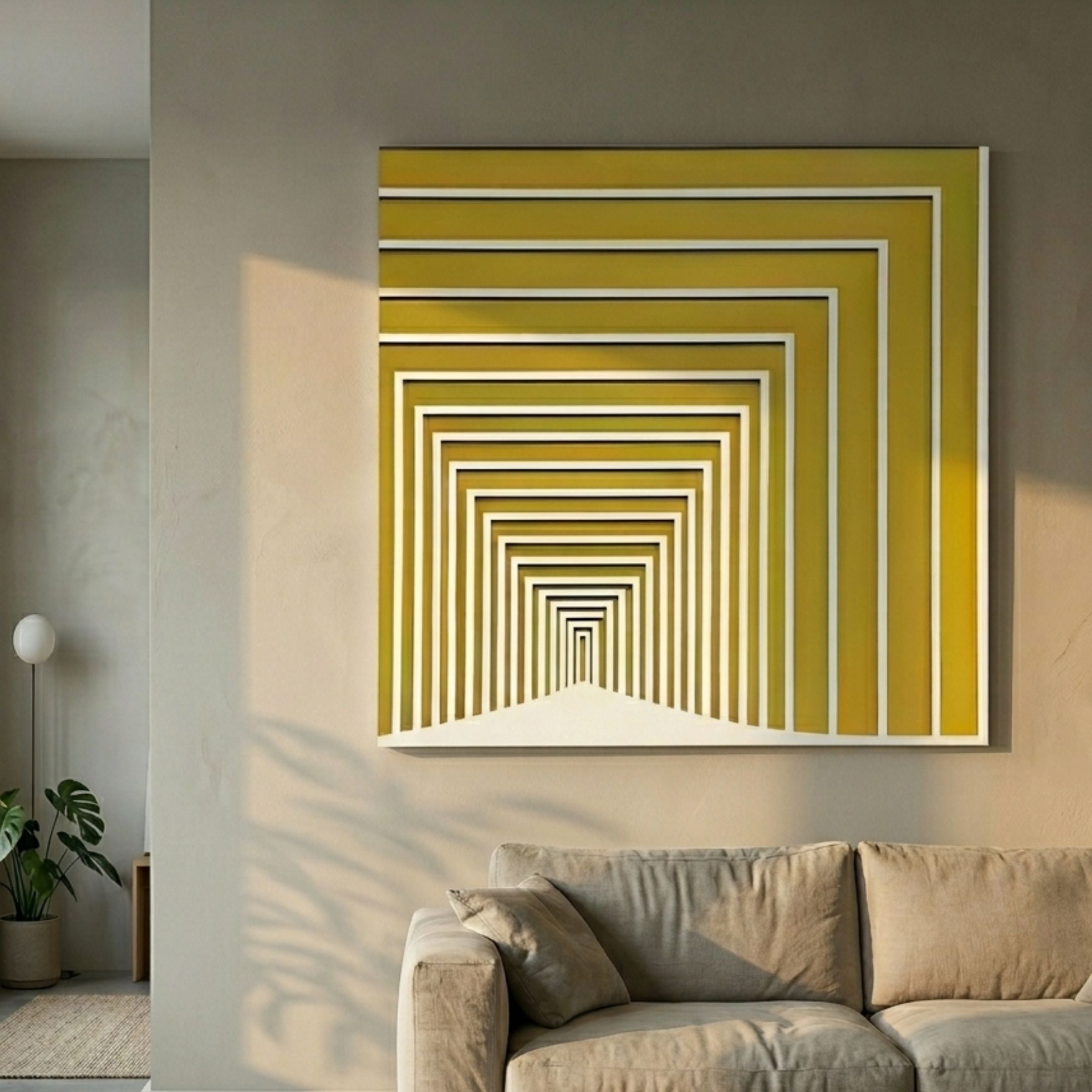 Prismalux Yellow Wood Carving 3D Wall Art by Giant Sculptures with concentric yellow and white frames forming a tunnel illusion, displayed above a beige sofa.