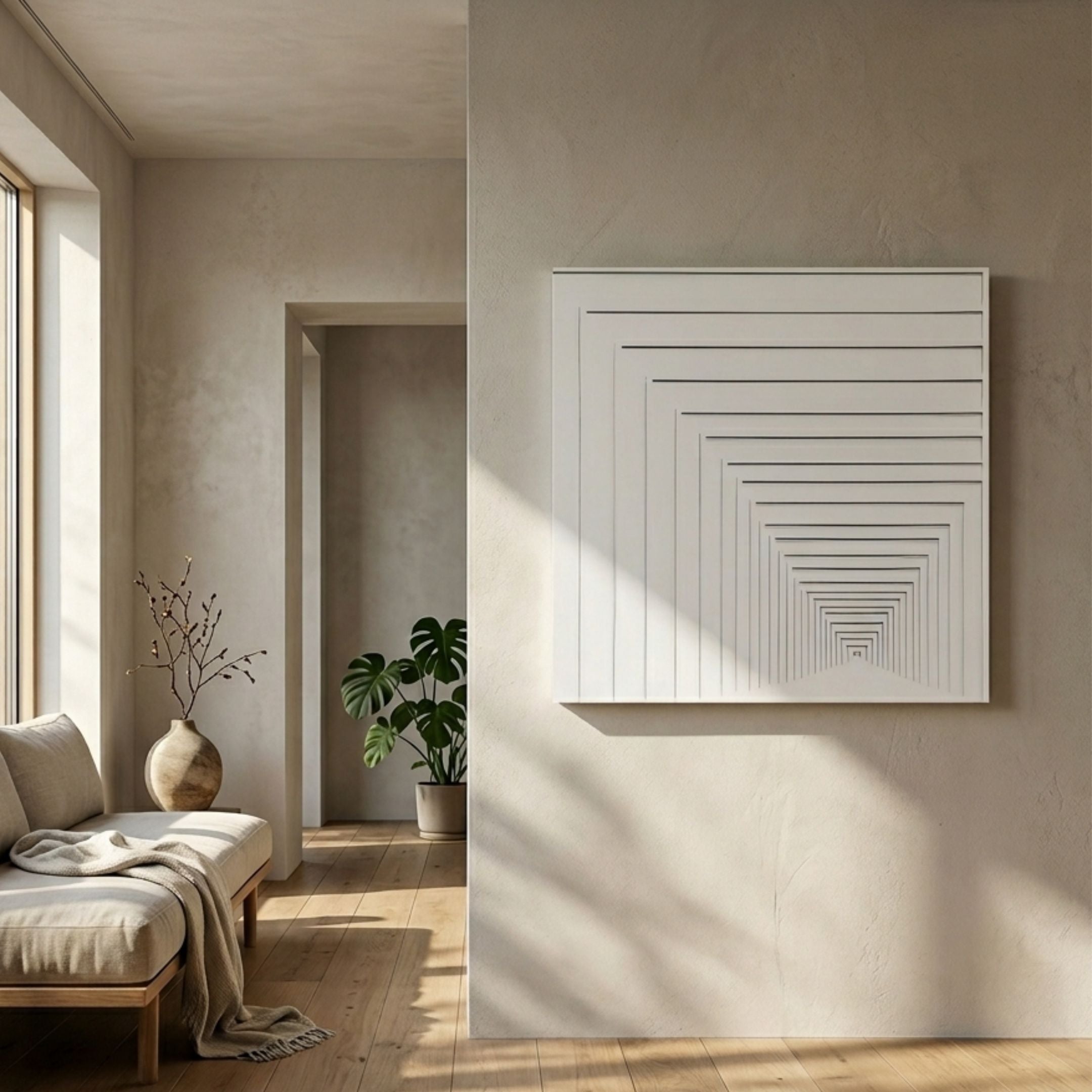 Prismalux White Wood Carving 3D Wall Art with nested rectangular tunnel design displayed in a sunlit minimalist room with a linen daybed and monstera plant.